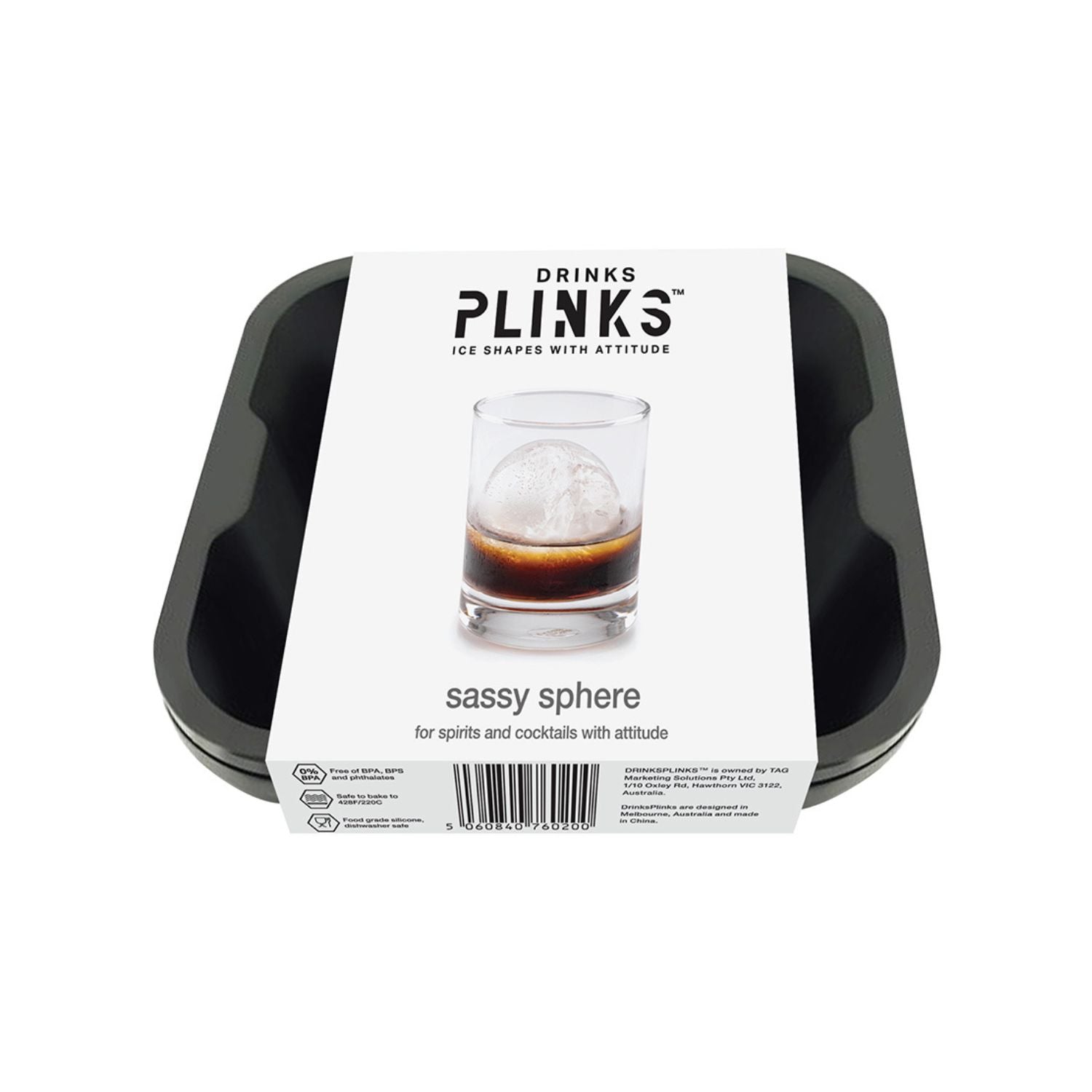 Ice cube tray with a branded packaging label on a white background