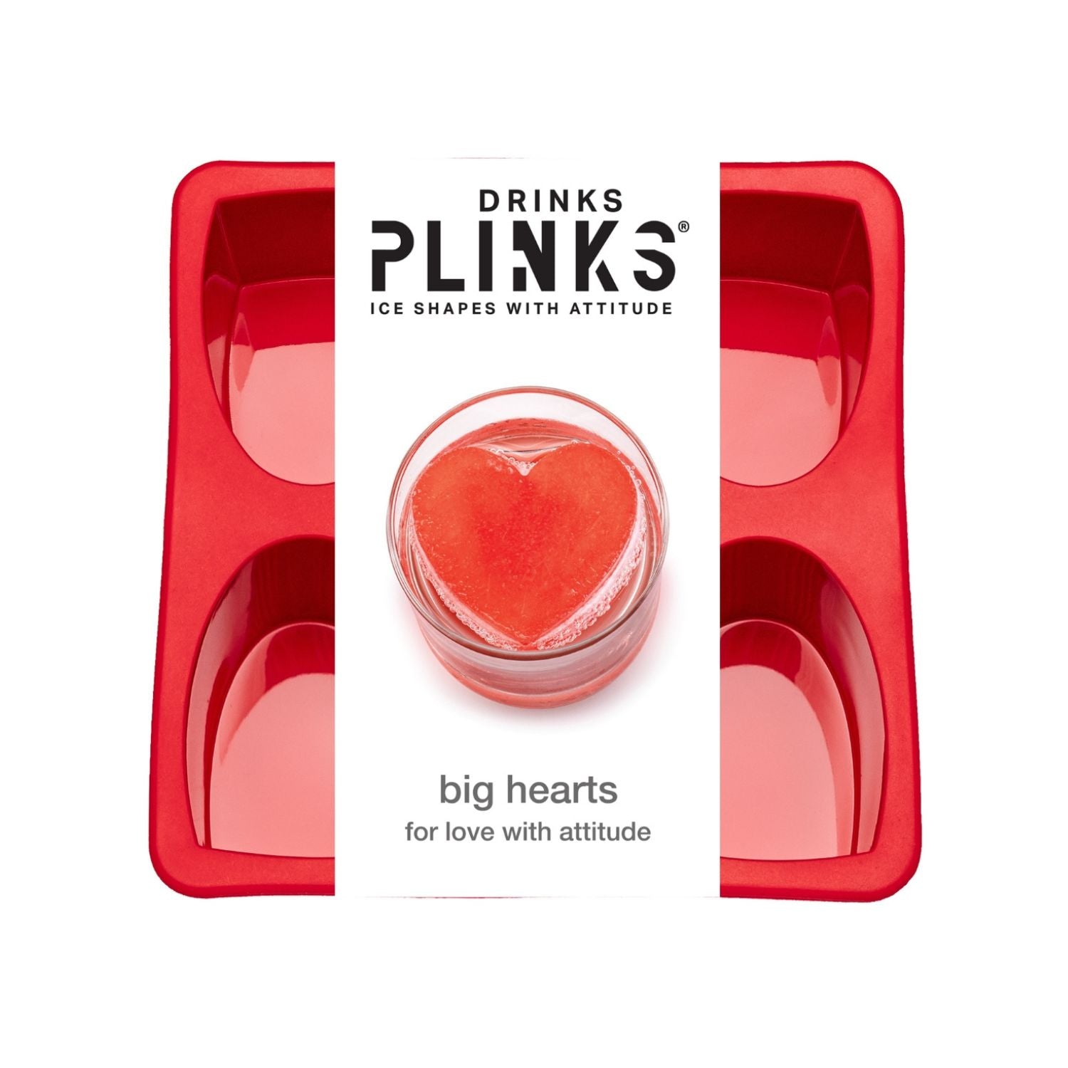 Red heart-shaped ice cube tray with Plinks branding on a white background
