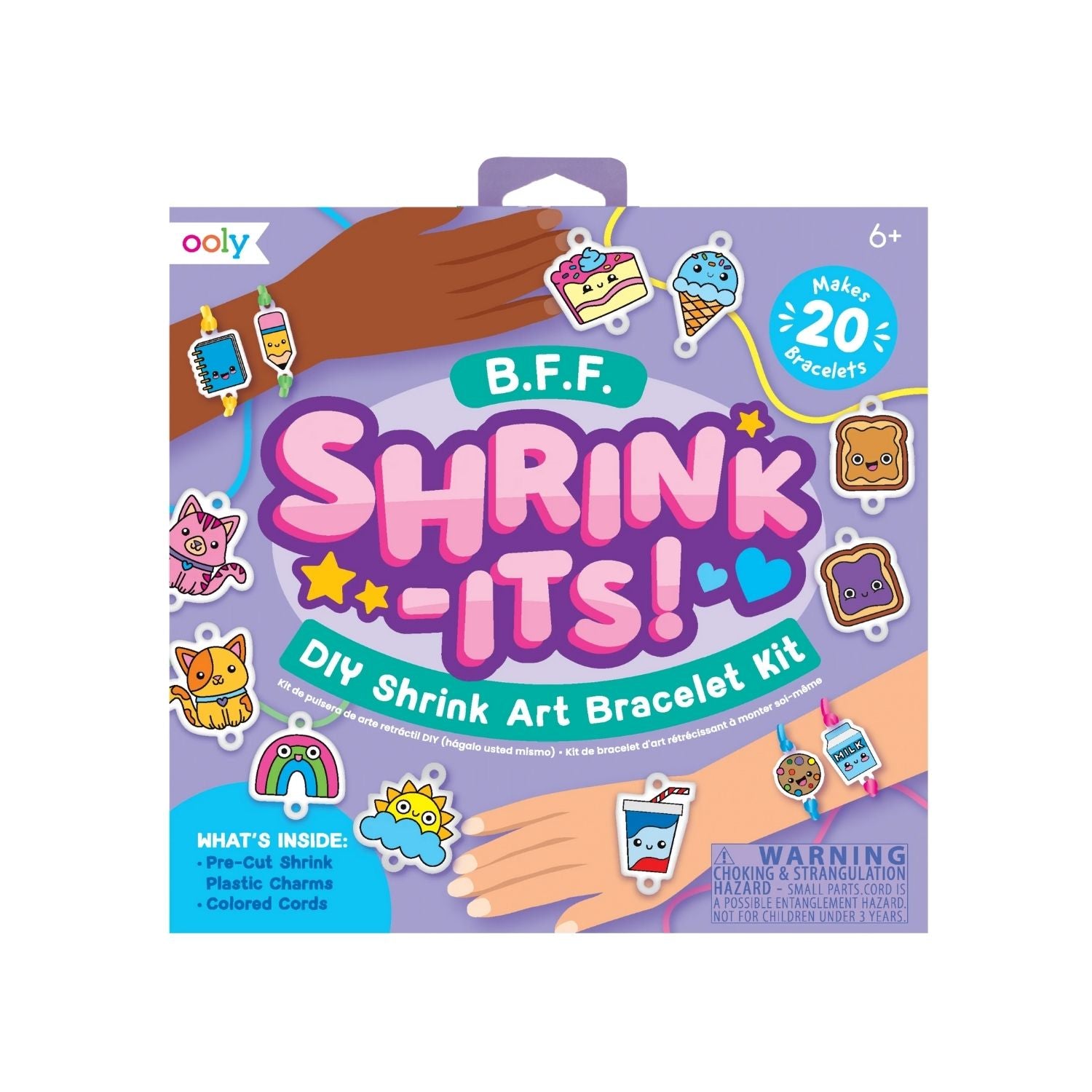 Packaging for 'Shrink-Its! DIY Shrink Art Bracelet Kit' featuring illustrations of colored charms and hands creating bracelets, with product information and branding.