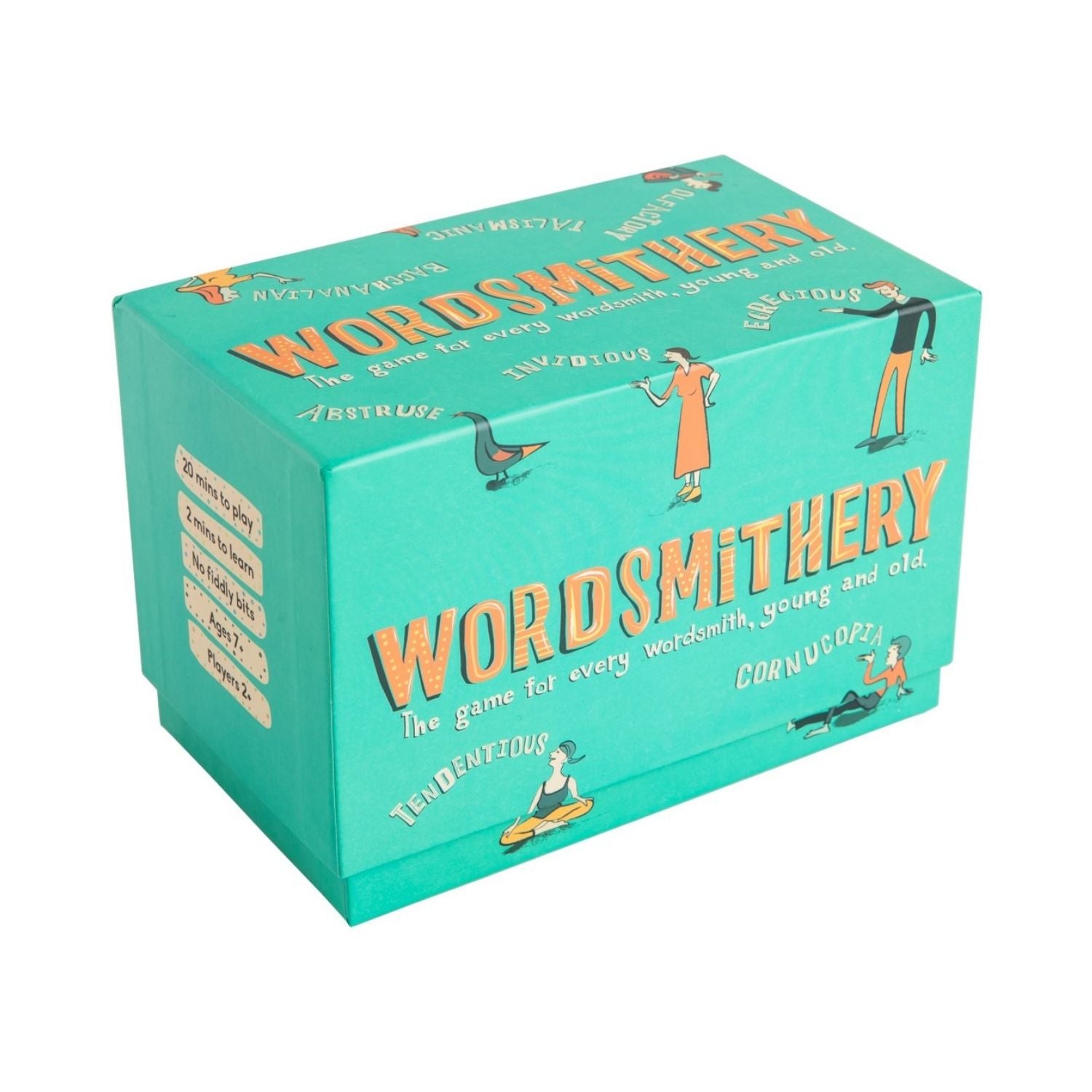 Teal box of 'Wordsmithery' game with colorful text and illustrations