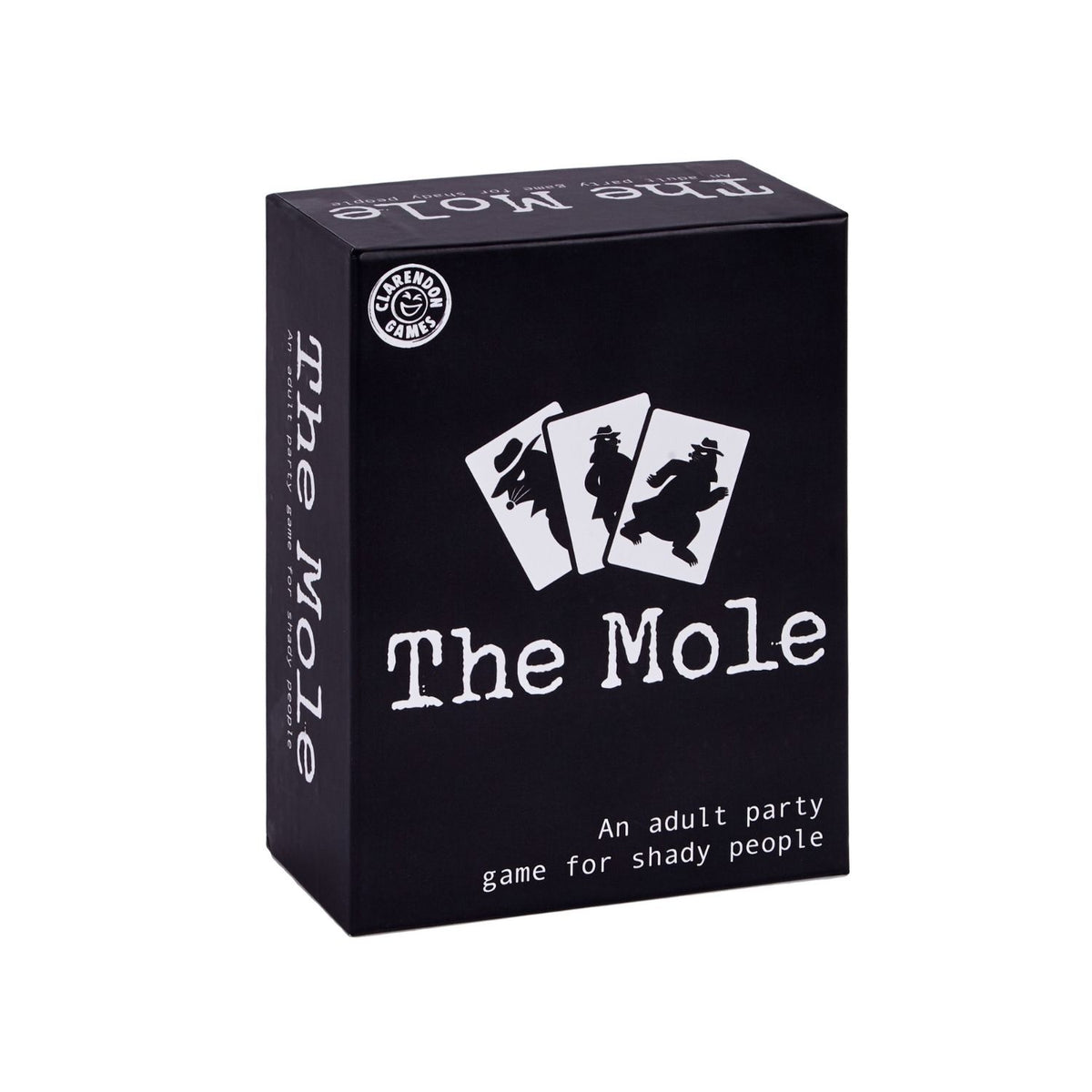 The Mole adult party game box showcasing its sleek, minimal packaging, bold branding, and mysterious design language.