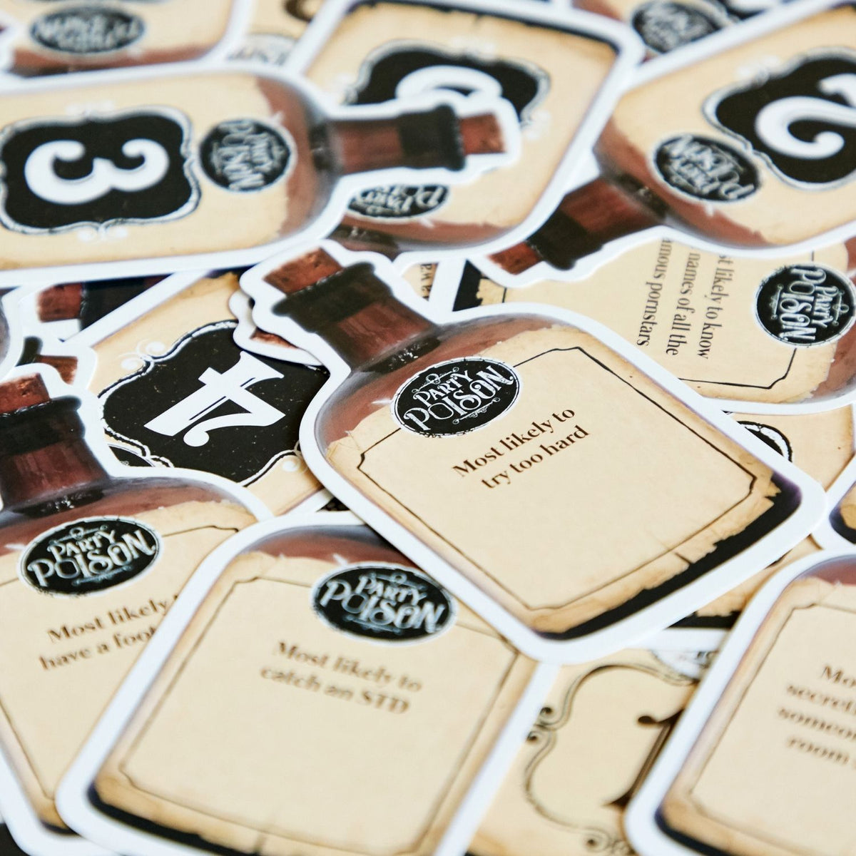 Stickers with a bottle design and text, resembling a product packaging.