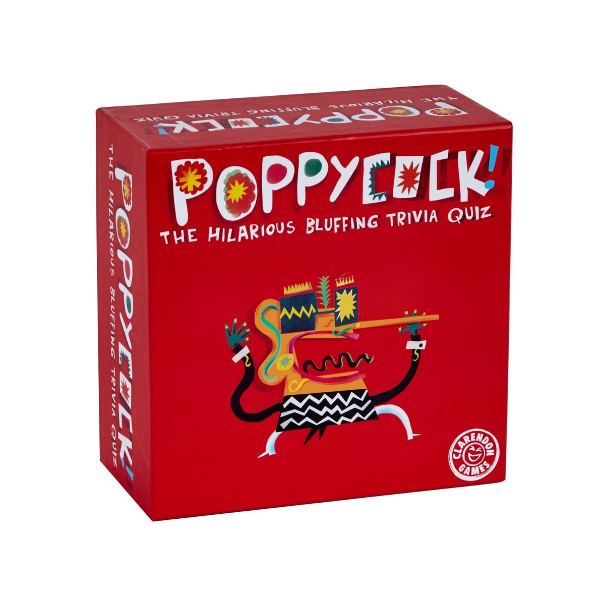 Red box of 'Poppycock!' card game with colorful illustration 