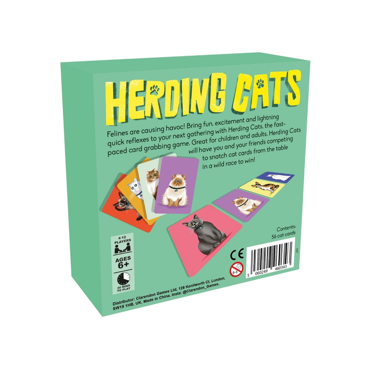 Board game box for 'Herding Cats' with colorful cat illustrations on a green background