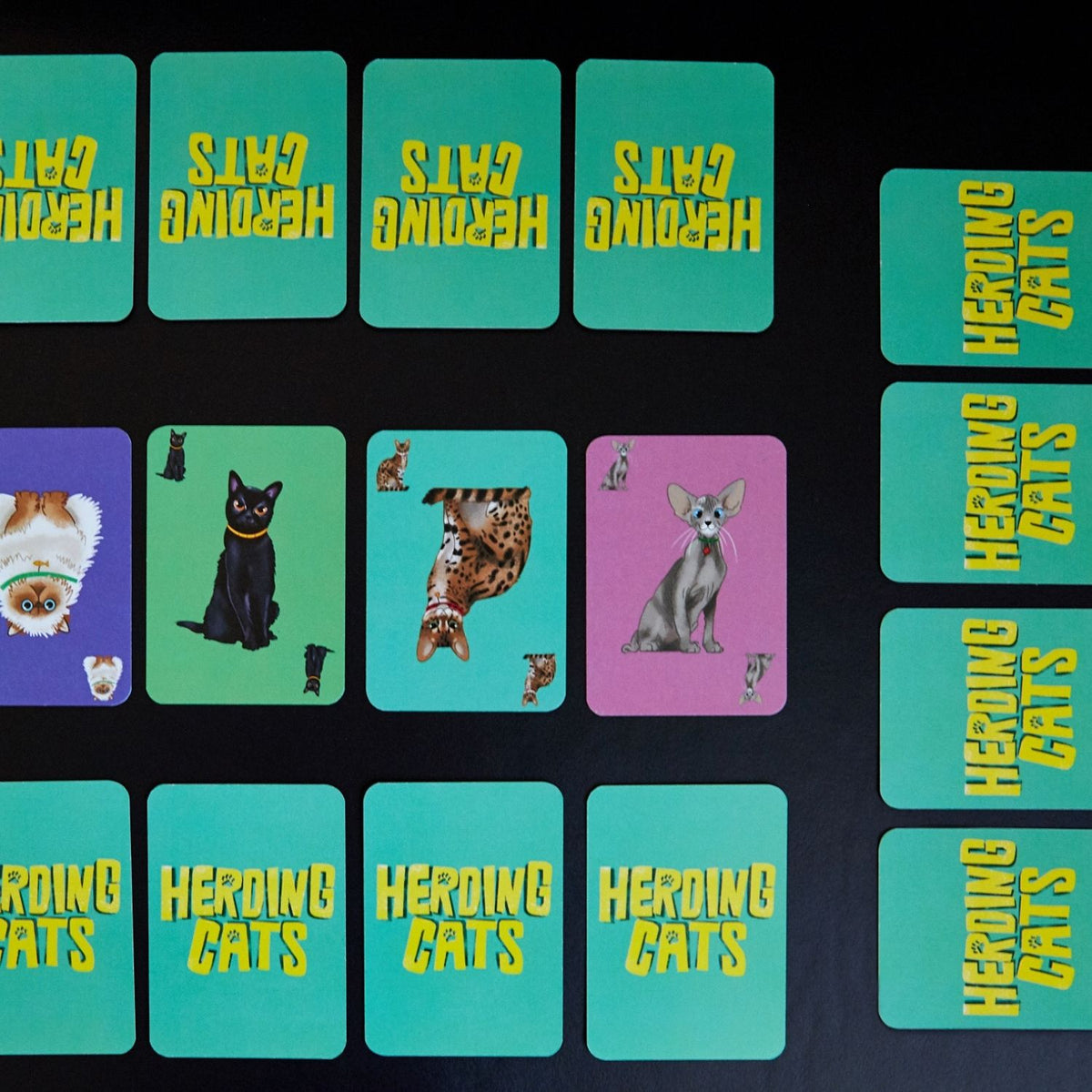 Collection of 'Heroing Cats' playing cards with various cat illustrations on a black background.