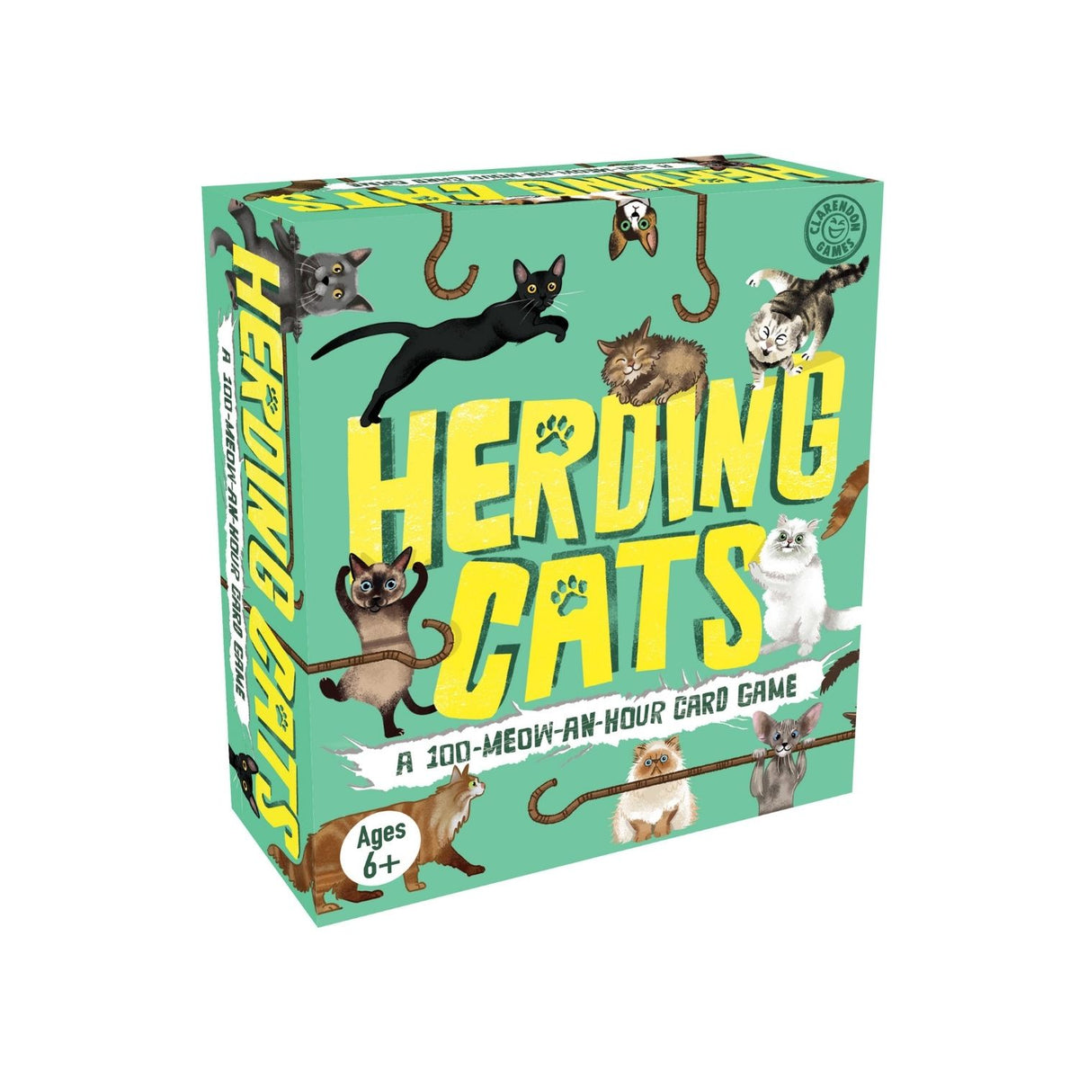 Board game box titled 'Herding Cats' with cartoon cats on a green background