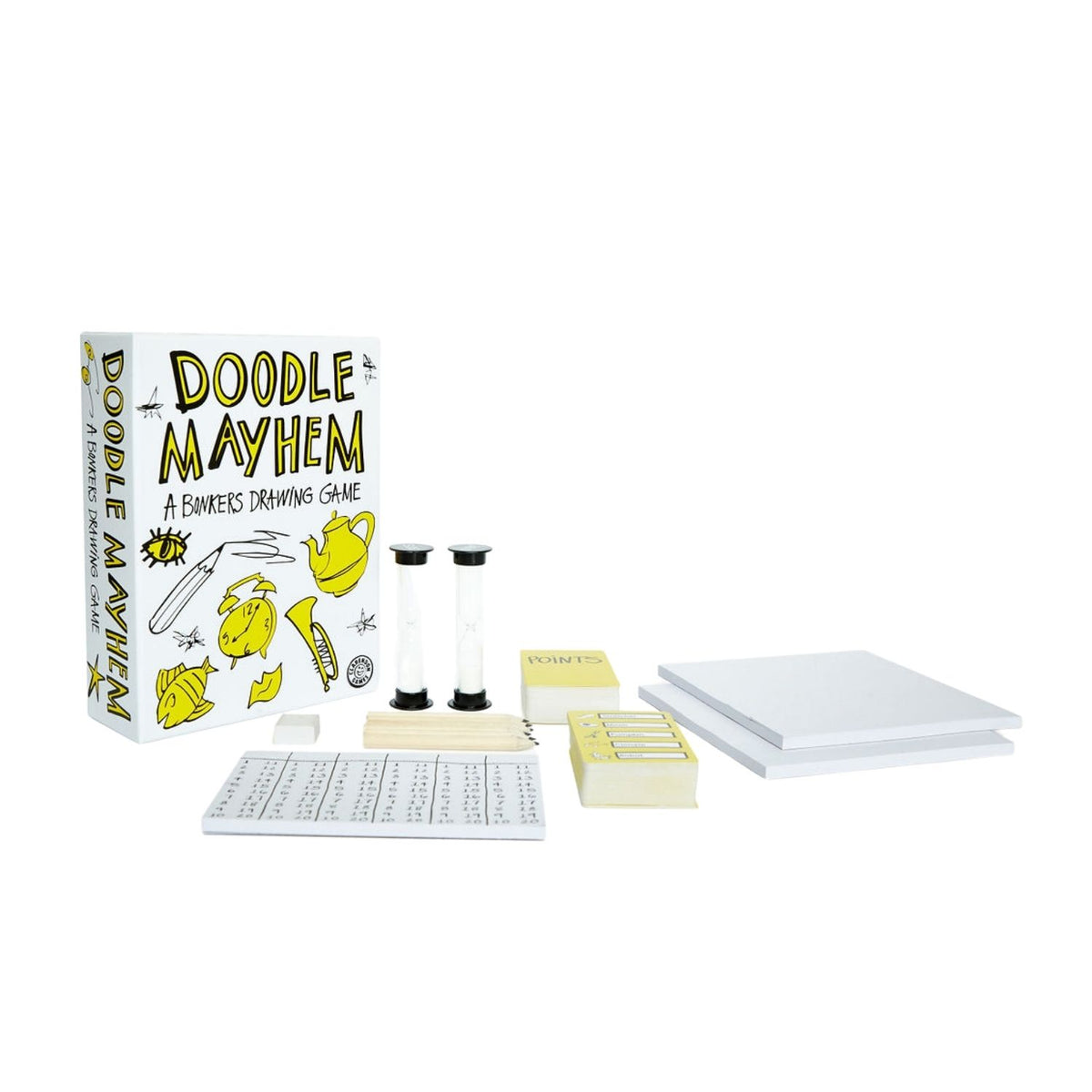 Doodle Mayhem game set with box, paper,   timers, cards and pencils