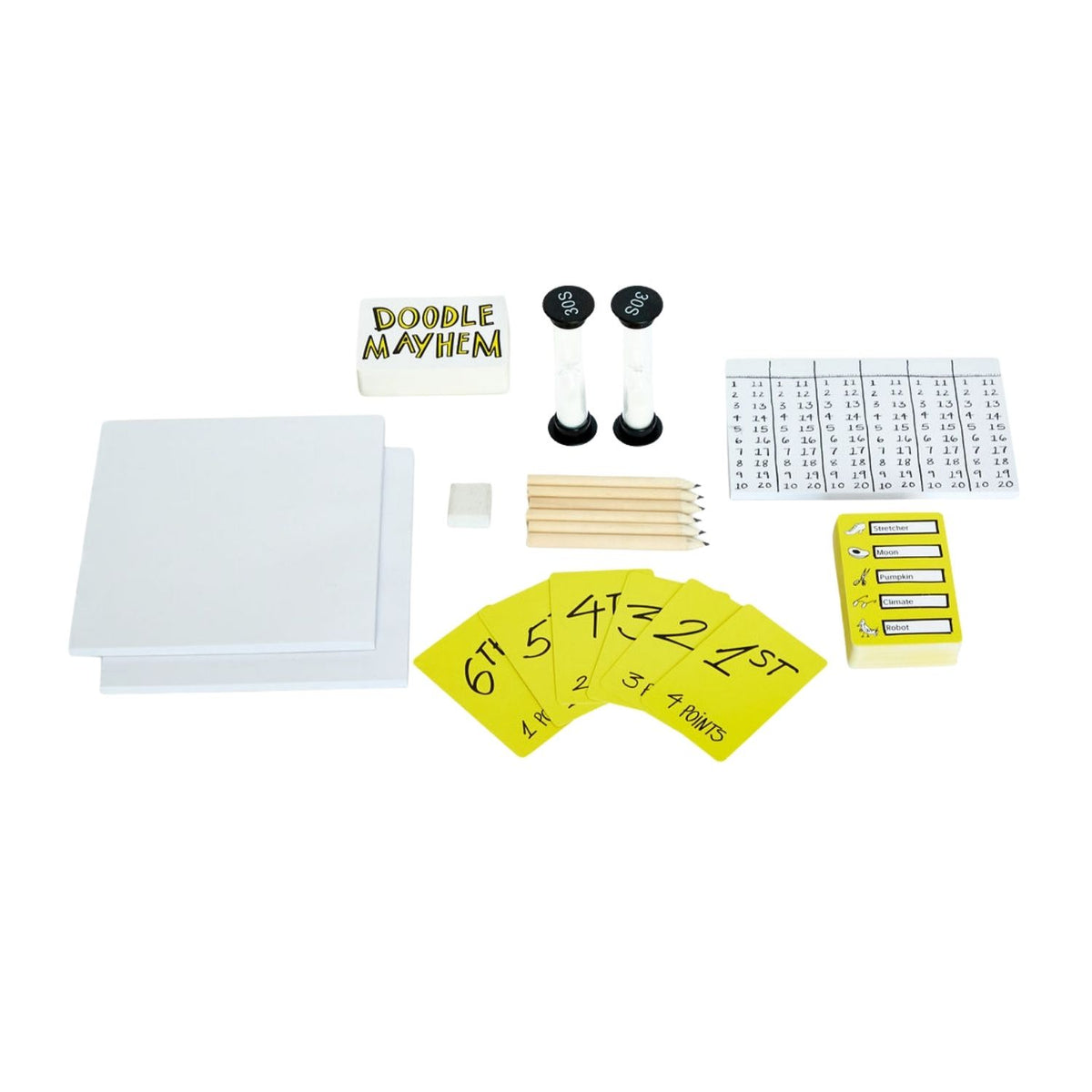 Doodle Mayhem game set with box, paper,   timers, cards and pencils