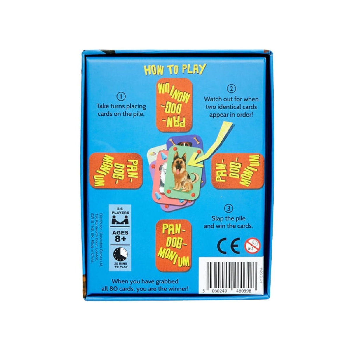 Card game packaging with 'How to Play' instructions on a blue background