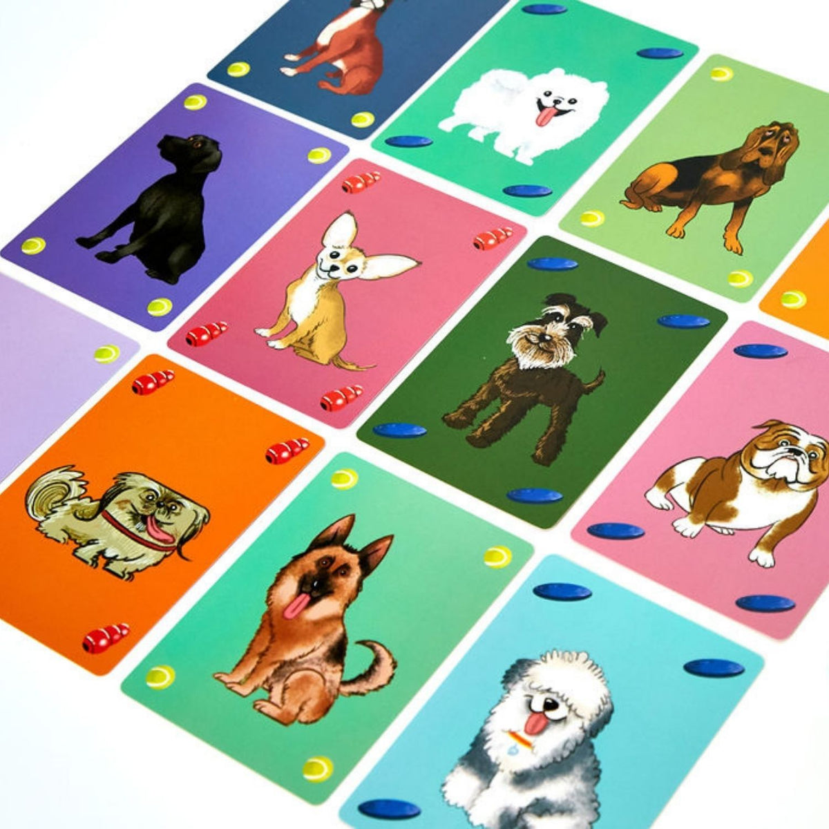 Colorful card game with illustrations of dogs on a white background