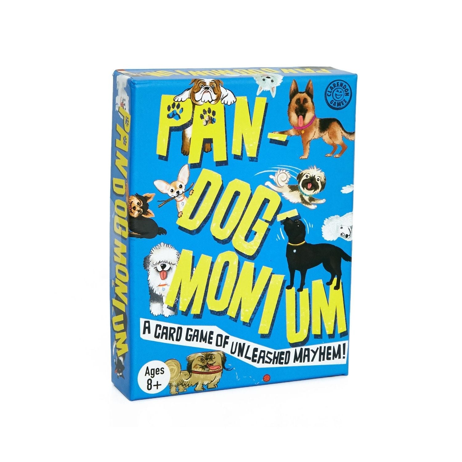Board game box titled 'Pandemonium' with dog illustrations on a blue background