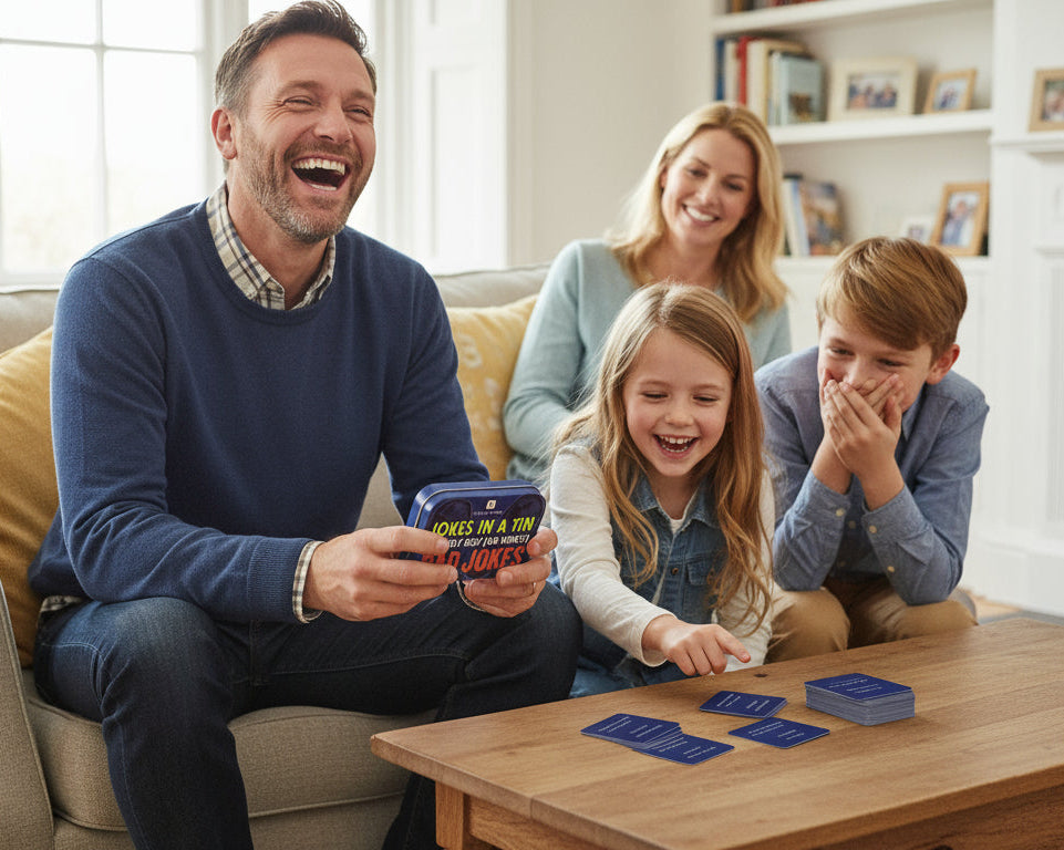 Family playing cards together in a cozy living room