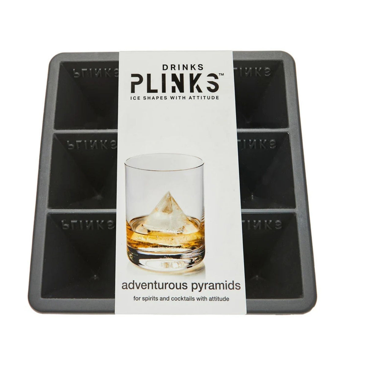 Drinks Plinks ice cube tray packaging with a glass of whiskey and Pyramid ice cube.