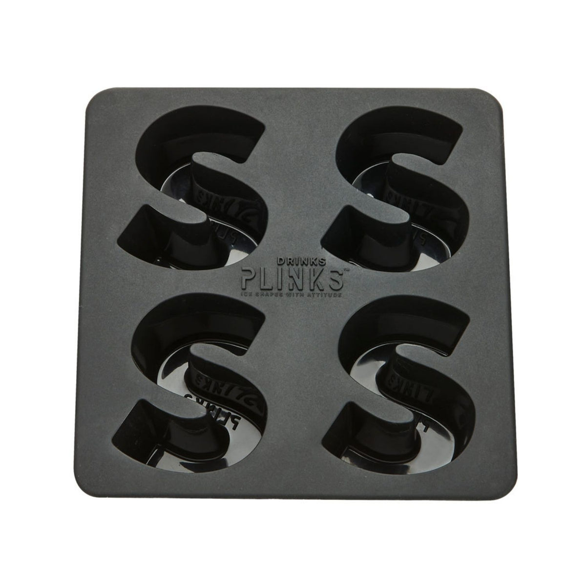 A dark grey silicone S shaped ice mould featuring four deep cavities to create large, architectural ice letters for cocktails.