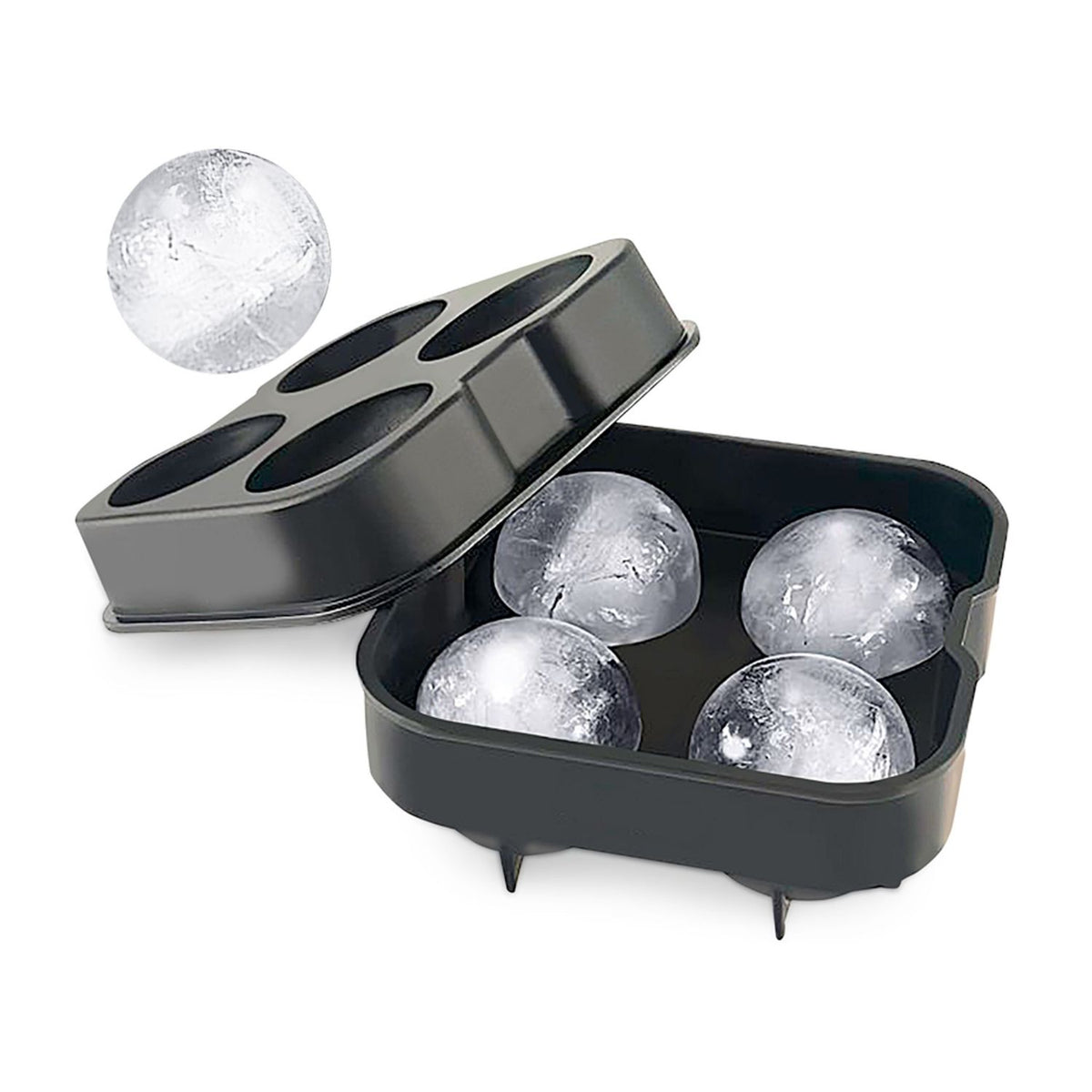 Flexible, food-grade silicone large round ice mould shown being popped open to reveal perfectly smooth spheres for cocktails and everyday drinks.