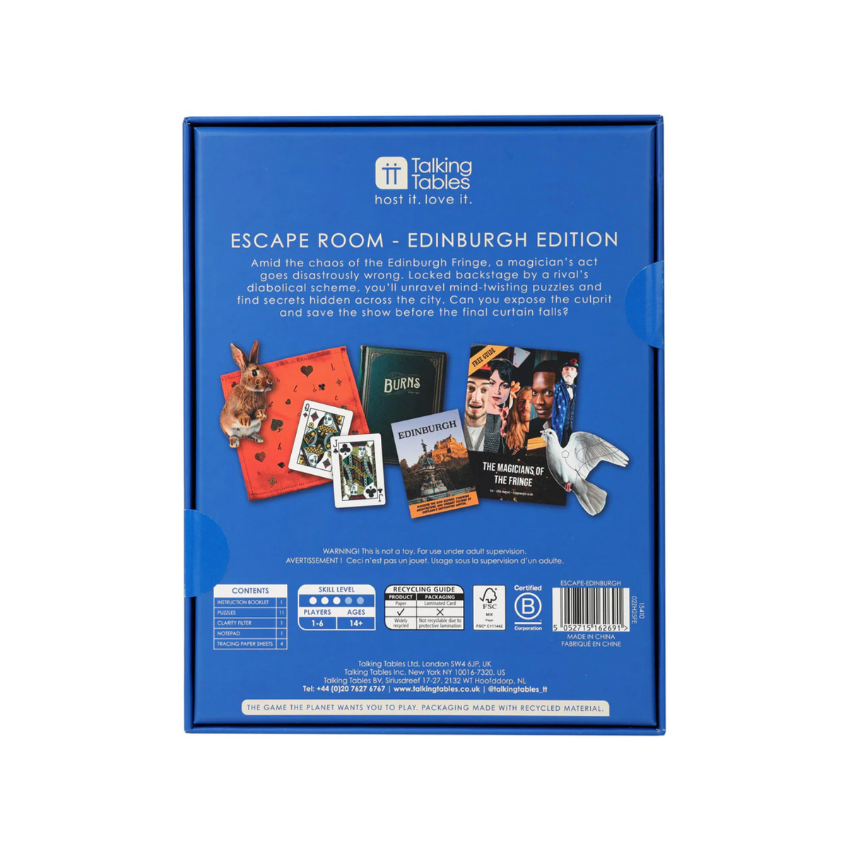 Blue box of &#39;Escape Room Edinburgh Edition&#39; game by Talking Tables on a white background