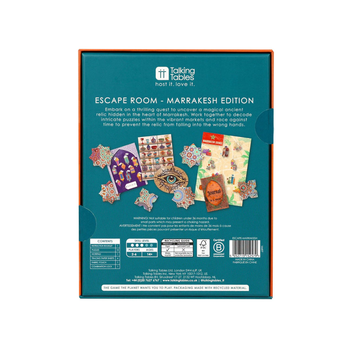 Back of an &#39;Escape Room - Marrakesh Edition&#39; product packaging by Talking Tables.