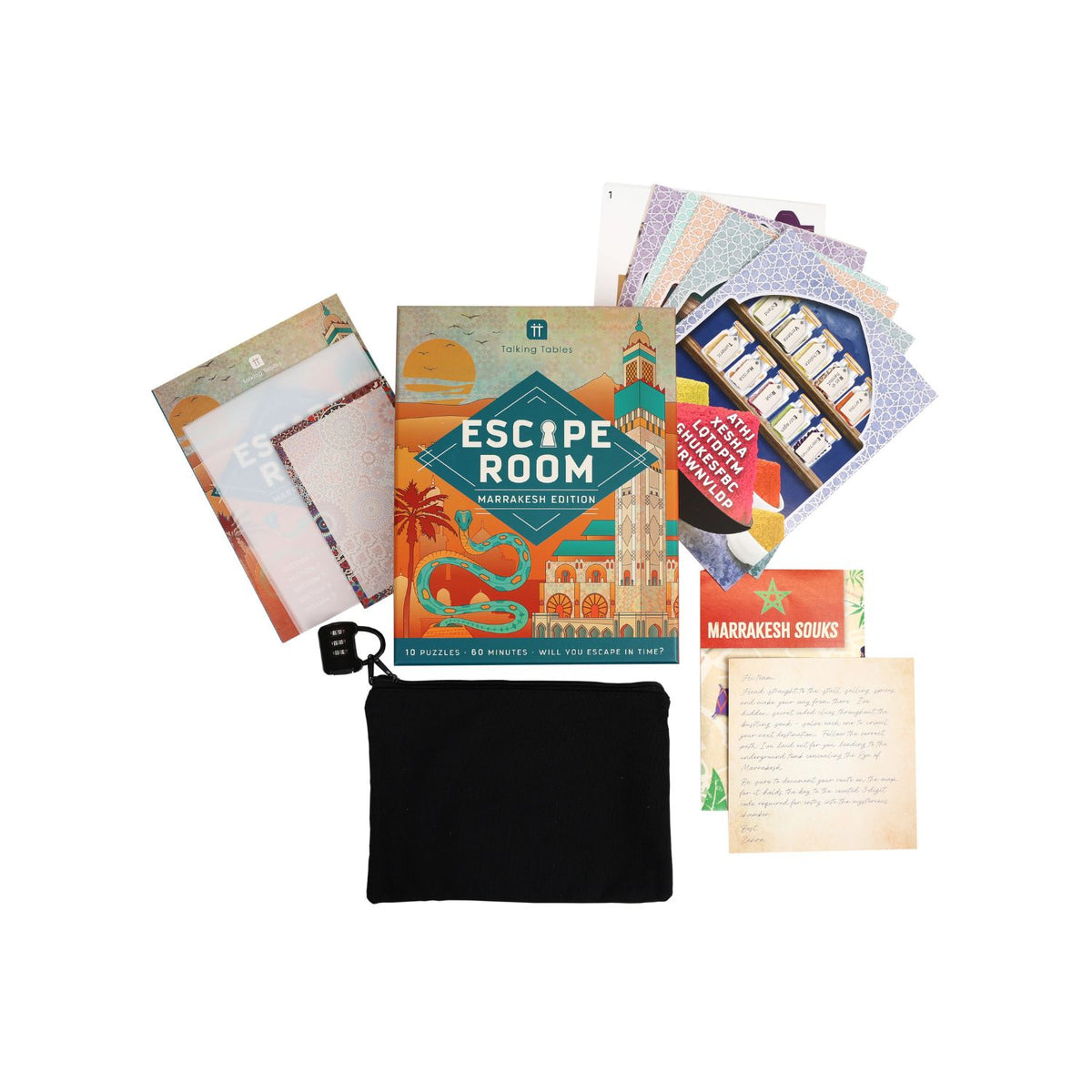 Escape room game components including a book, cards, and papers on a white background
