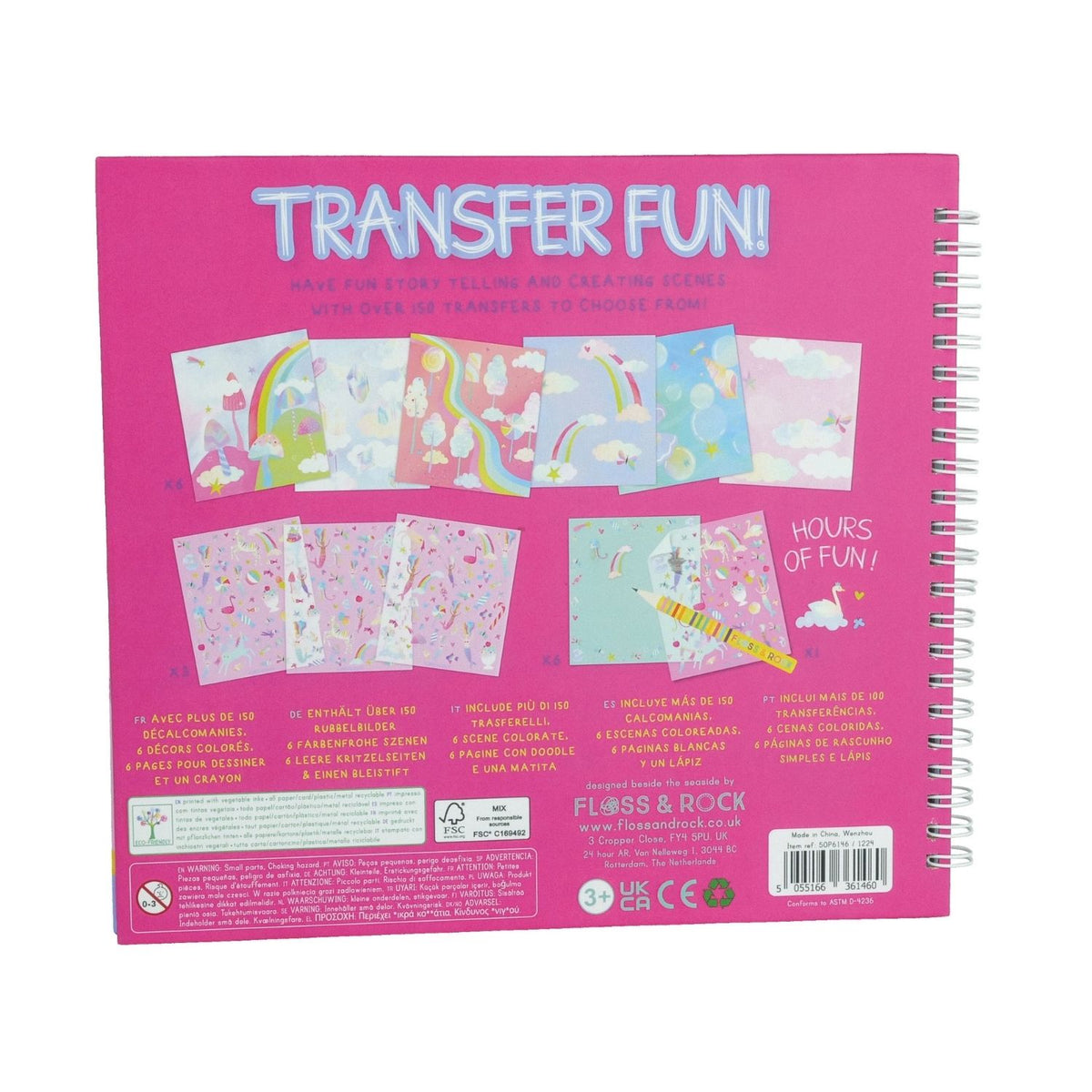 The back cover of the Floss and Rock Fantasy rub down transfer kit, highlighting the compact, portable design and the "150+ transfers" badge.