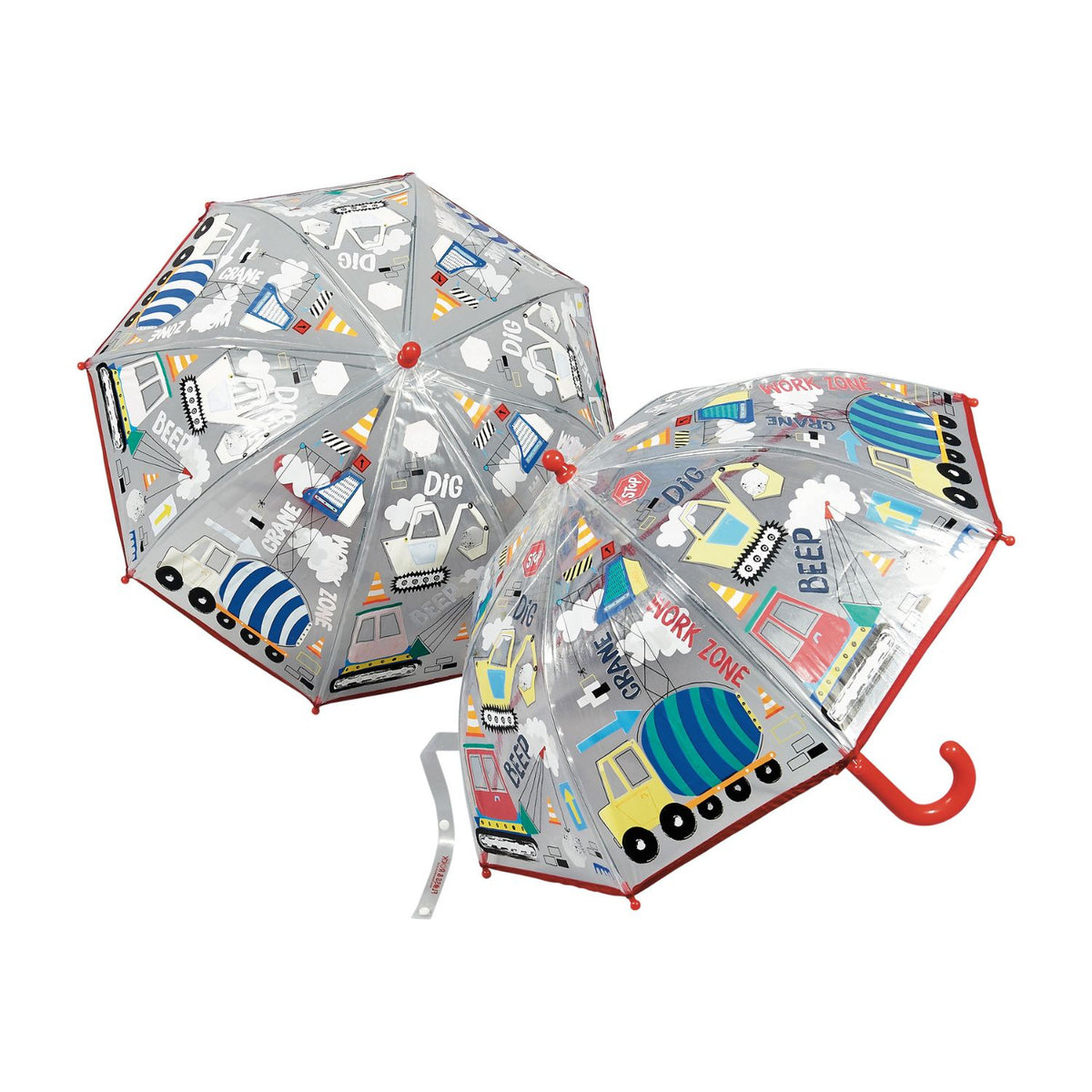 Children's umbrella with colorful cityscape and construction design 
