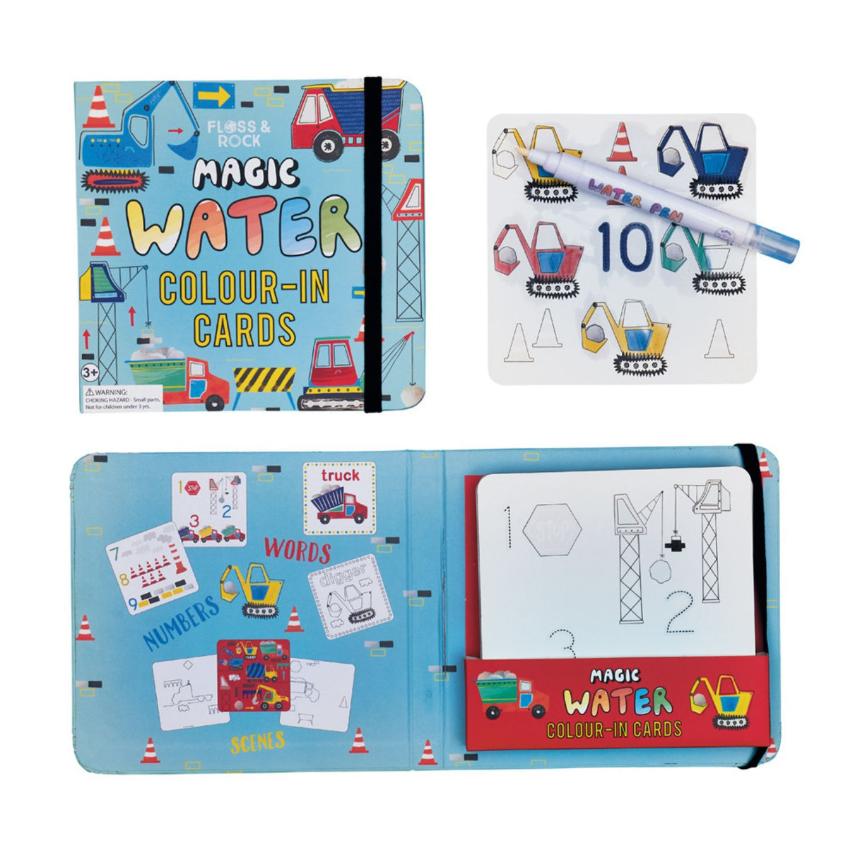 A set of magic colour changing water cards for kids, with construction theme including trucks and diggers, comes with a water pen. The product is displayed open to show multiple cards and a brief description on the cover.