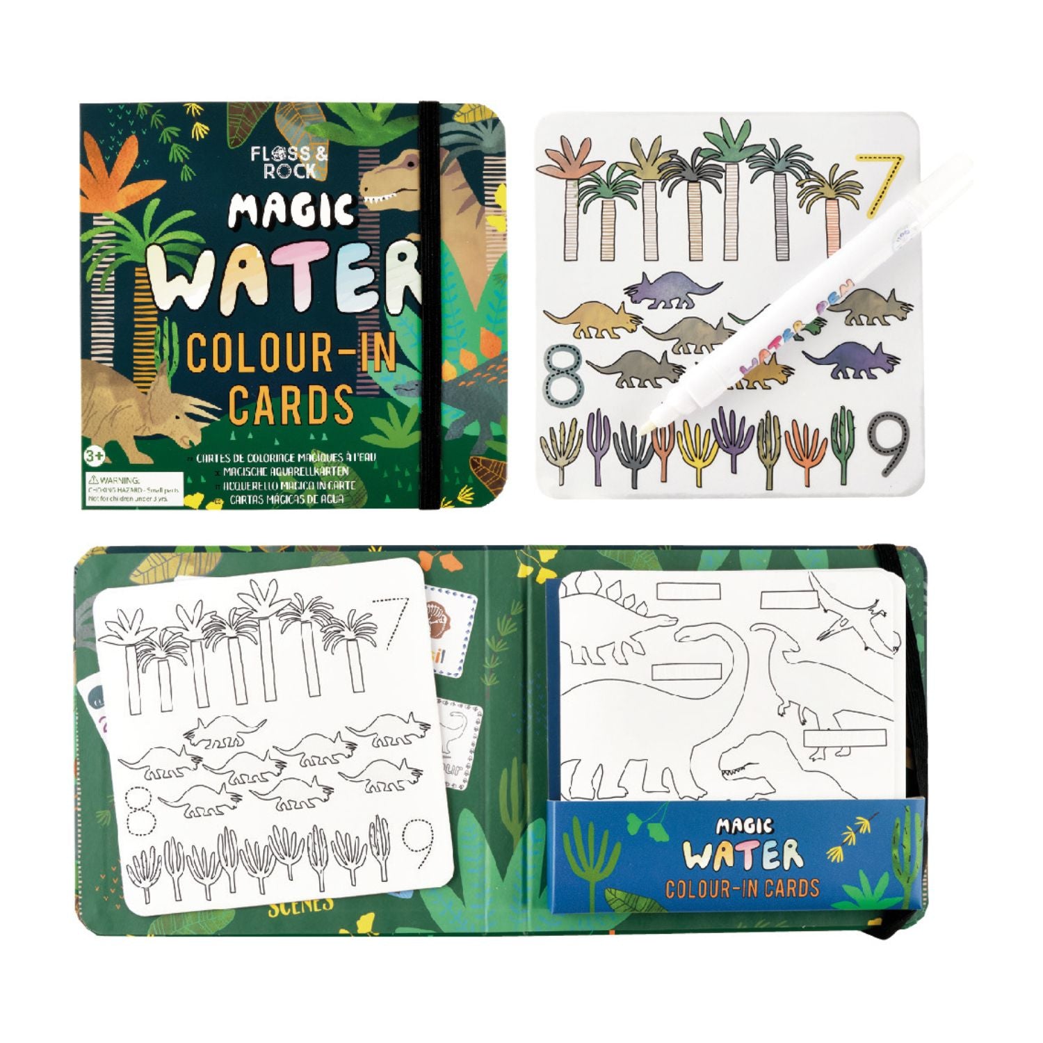 Discover a prehistoric world again and again! These reusable water drawing cards reveal vibrant dinosaurs that fade as they dry. Includes 10 cards and a magic pen for ages 3 plus.