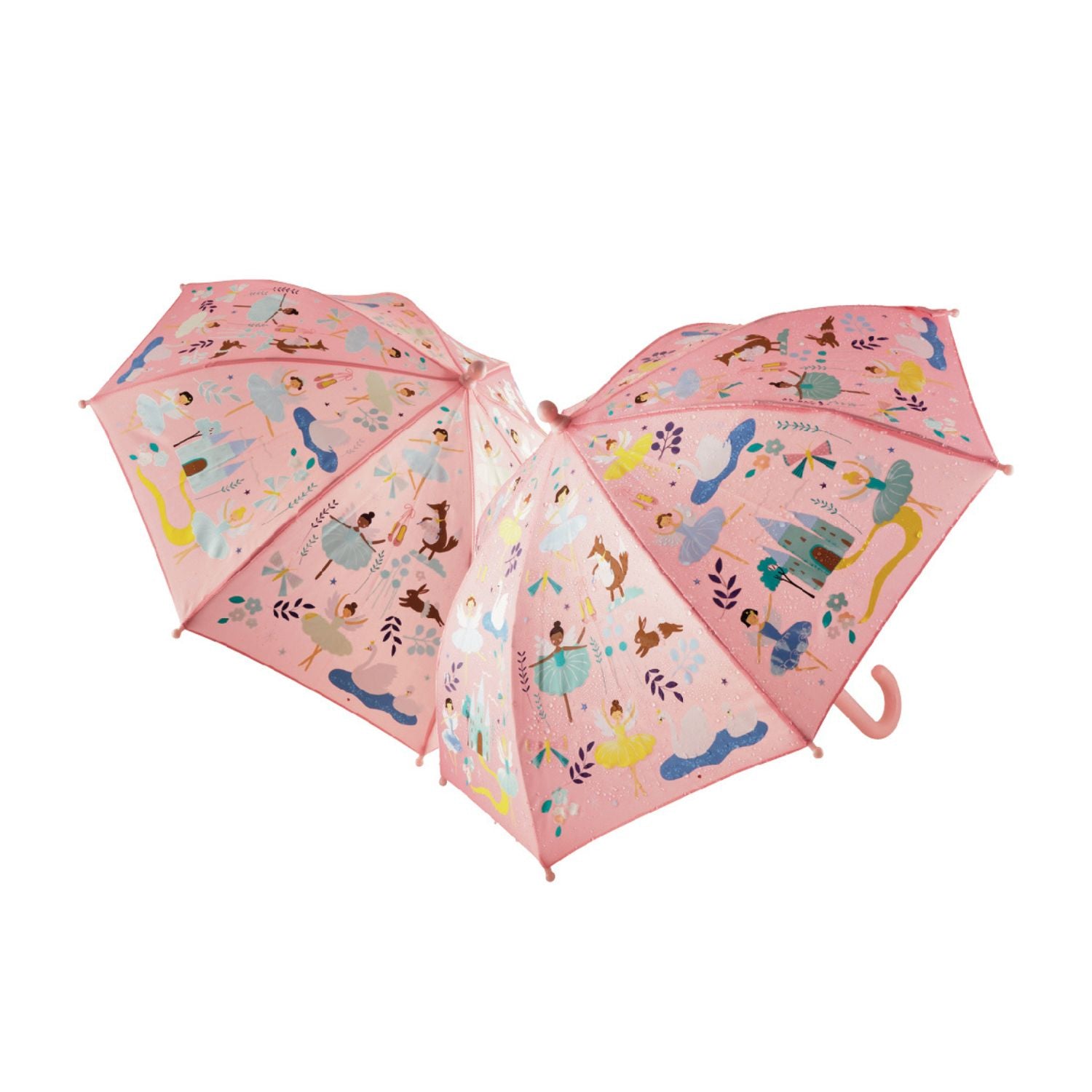 Two pink children's umbrellas with colorful character prints