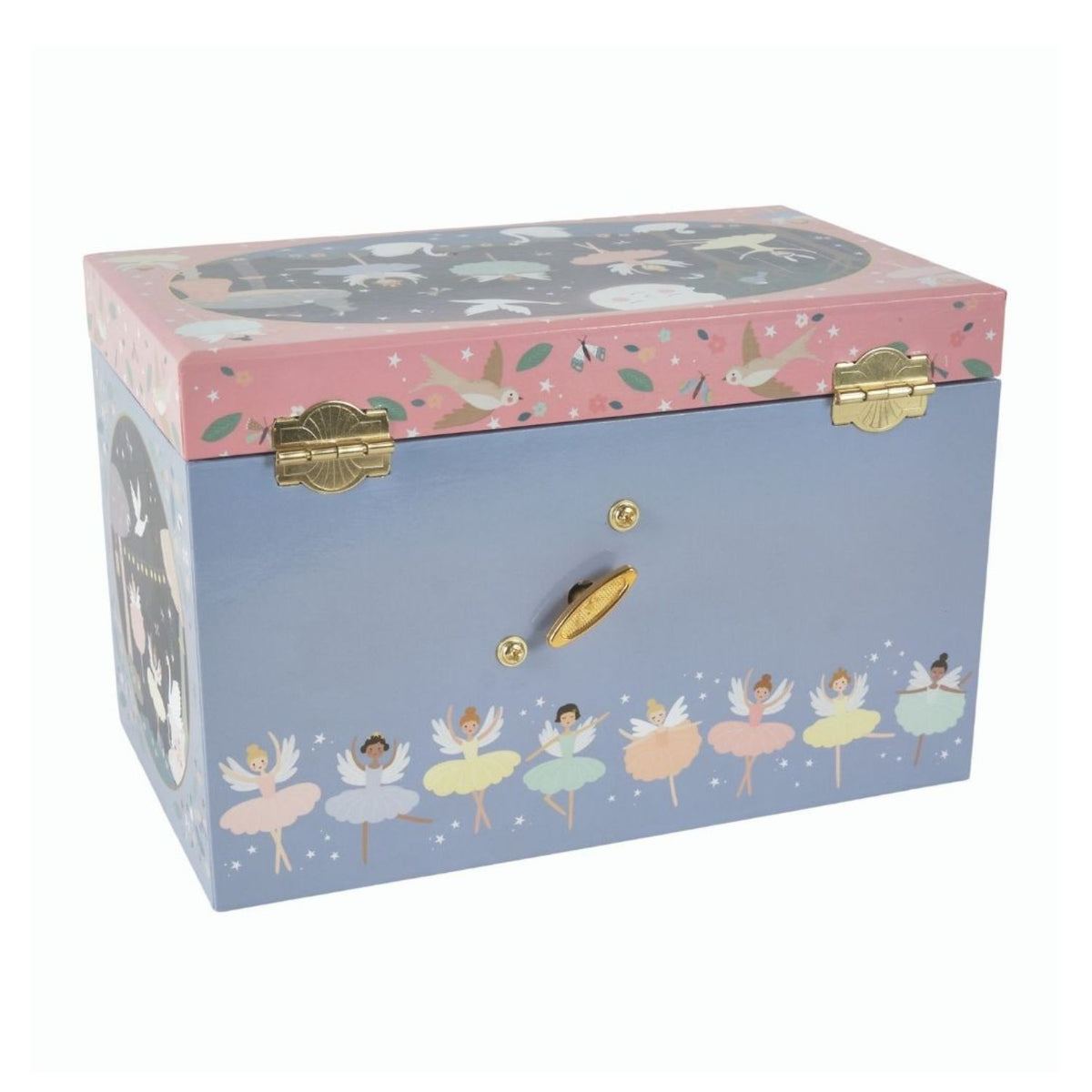 The Enchanted Musical Jewellery Box (12.5 x 19 x 11cm) featuring elegant illustrations of ballerinas and swans with a classic wind-up key on the back.