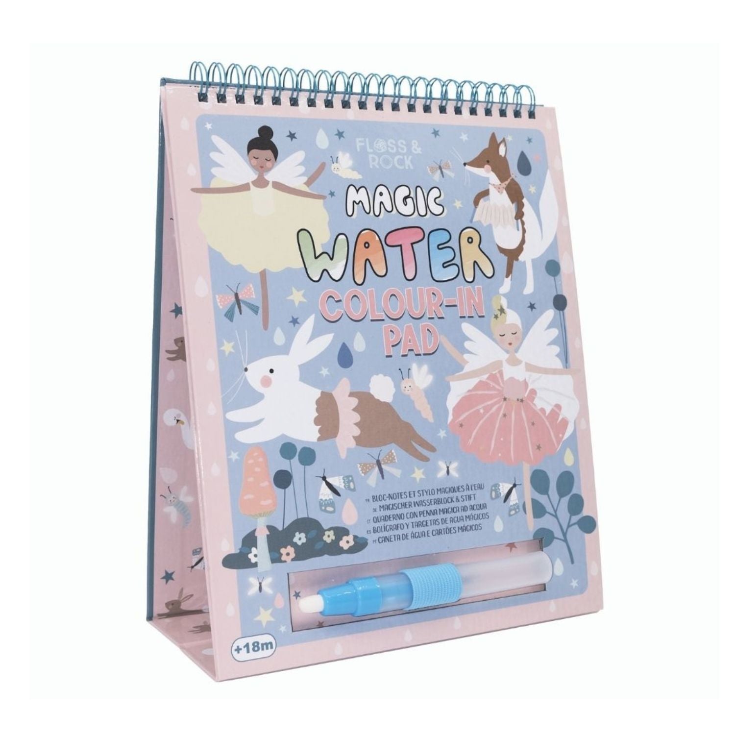 A spiral bound pad of magic water color changing easel and pen with illustrations of animals and a fairy on the cover, along with a blue water pen.