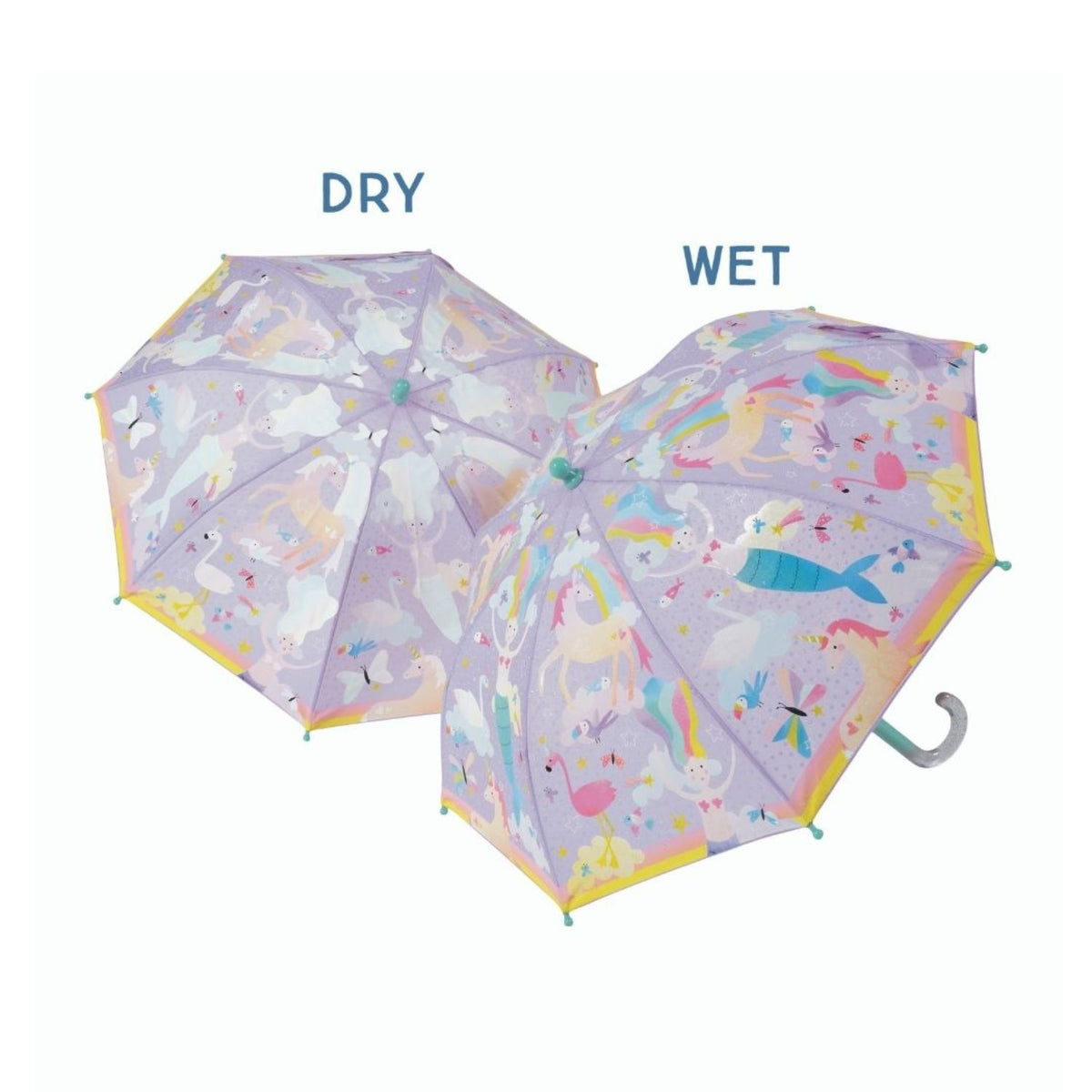 Two umbrellas showing difference between dry and wet states with a fantasy design