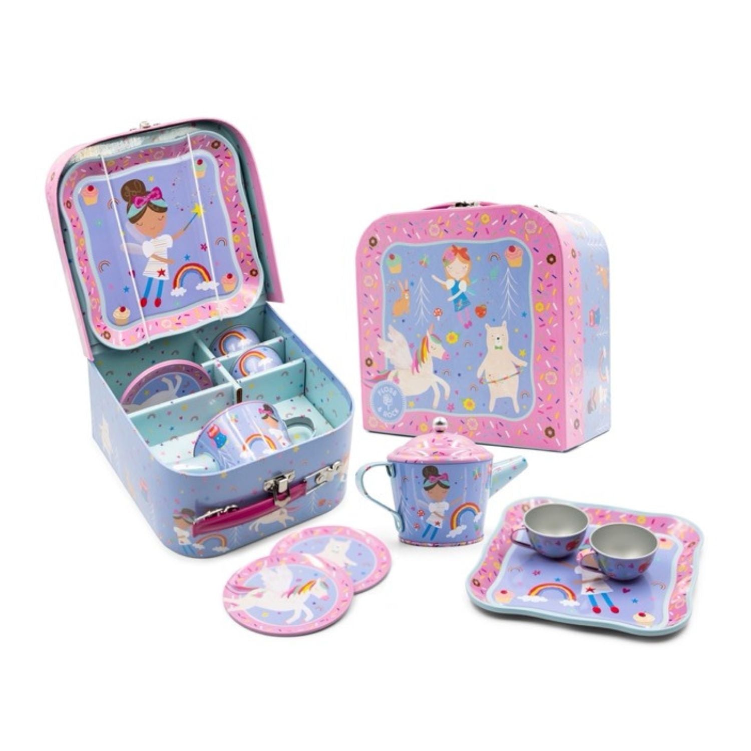 Host a magical afternoon with the Rainbow Fairy 7-piece kids' tea set. Featuring whimsical fairies, unicorns, and hula-hooping bears, it's the perfect pretend play set for ages 3 plus.