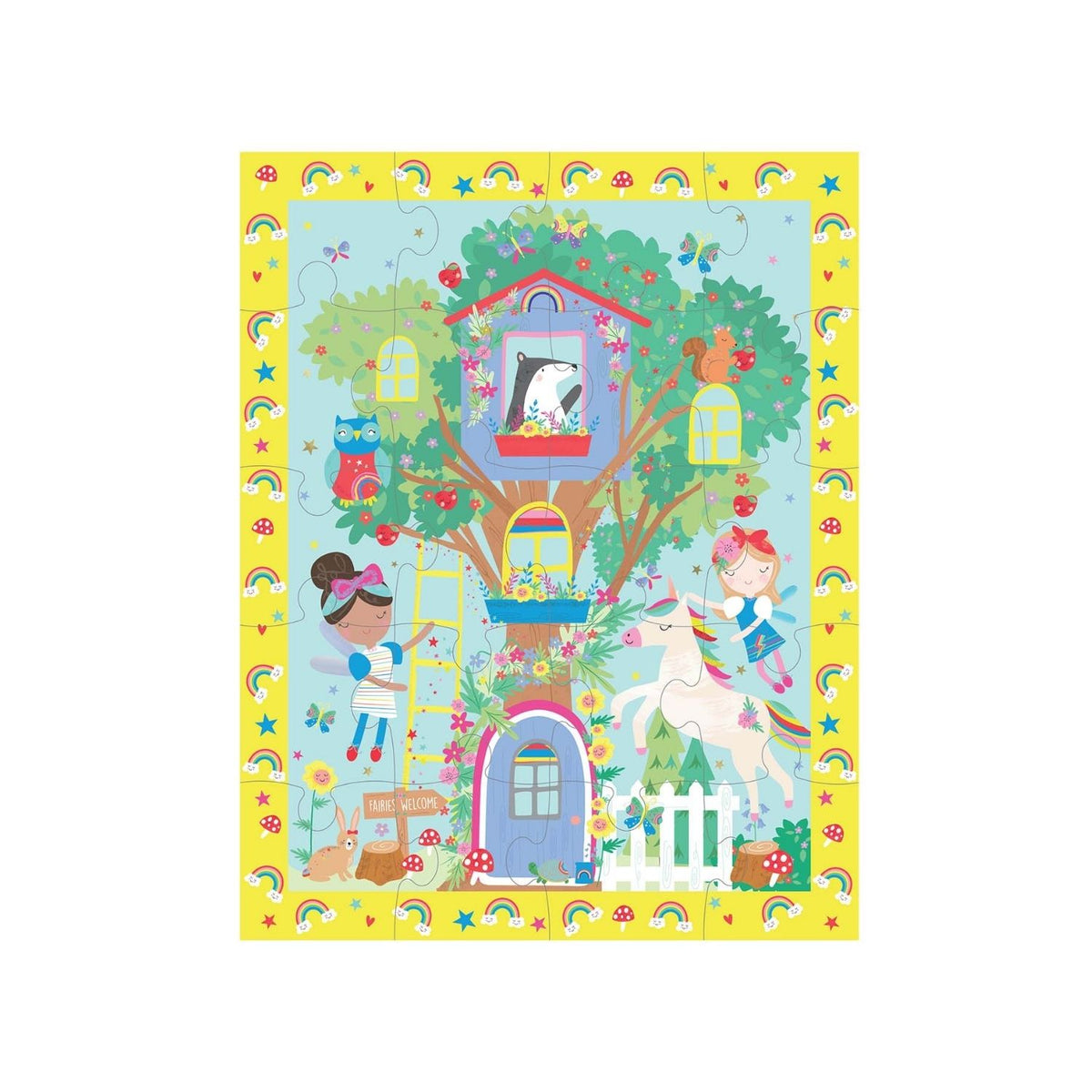 A close-up of the 20-piece magnetic rainbow fairy puzzle being assembled inside the metallic case, showing the high-quality print and secure fit.