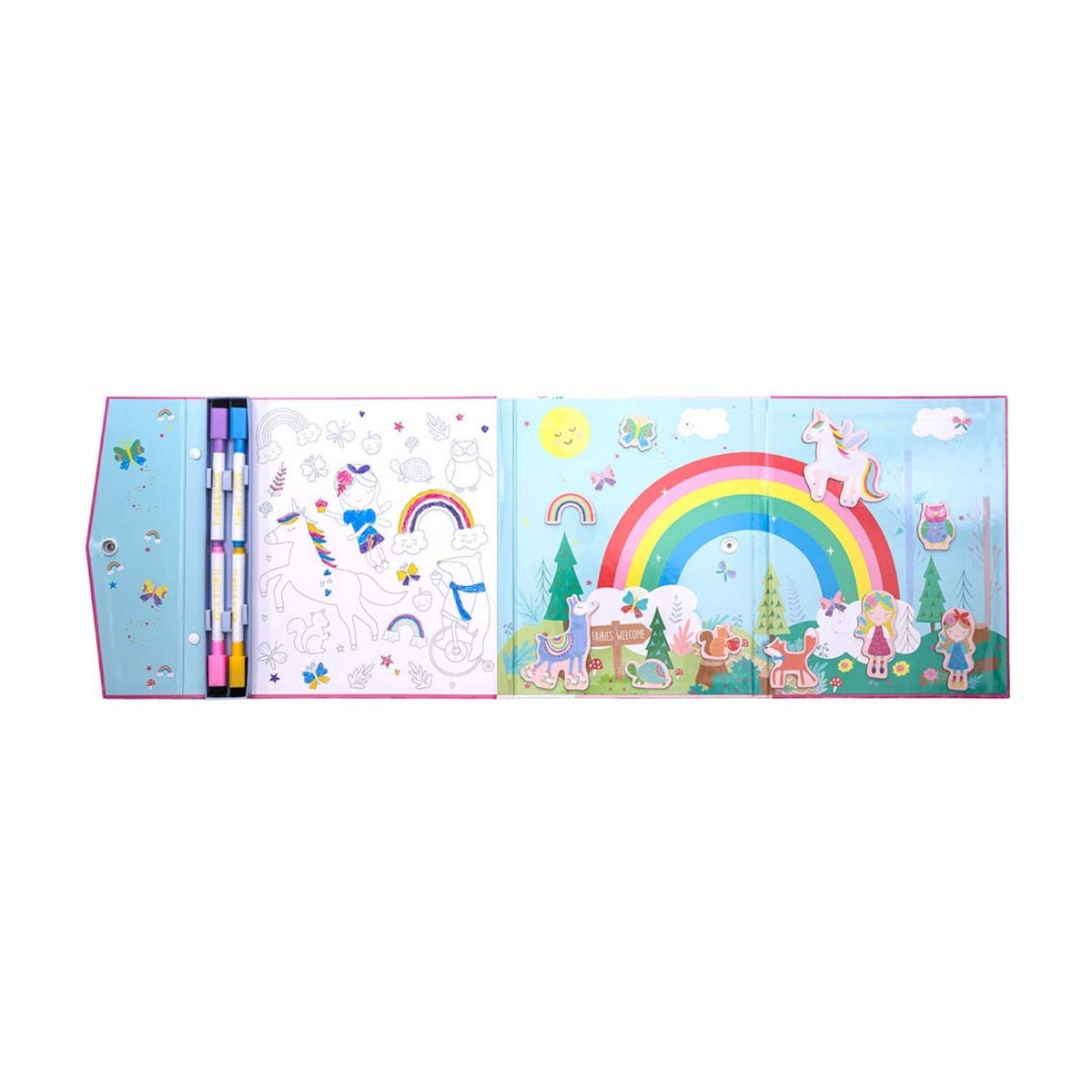 : The Rainbow Fairy Magnetic Multi Play set opened flat to reveal a 20-piece magnetic puzzle, a doodle board, and pop-out magnets featuring unicorns and fairies.