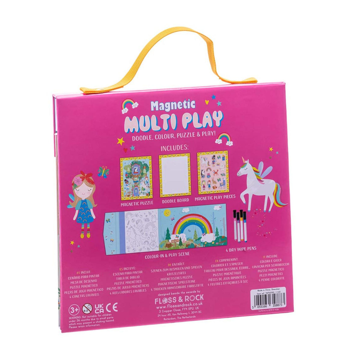 The compact Rainbow Fairy activity case folded shut, highlighting the sturdy carry handle and the vibrant, whimsical artwork on the exterior.