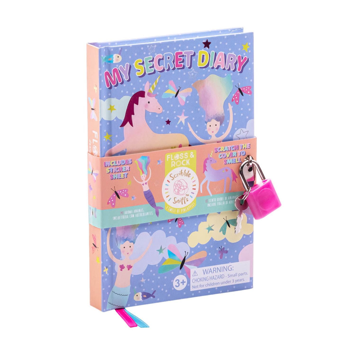 Children's scented secret diary with unicorn and mermaid illustrations, lock, and stickers 