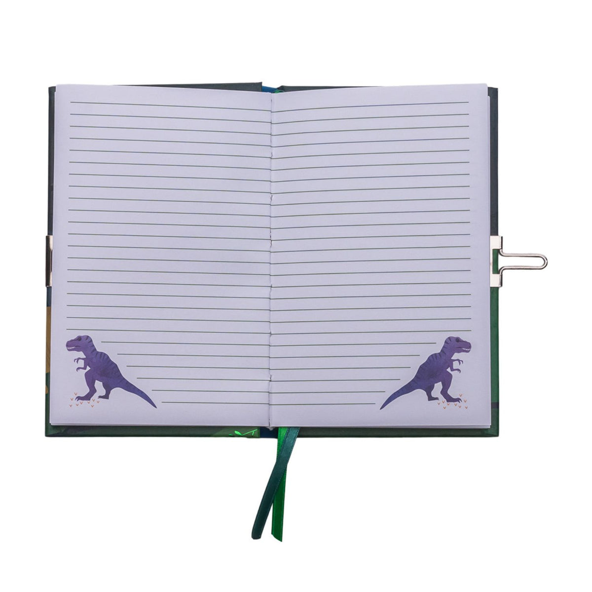 Open children's dairy with dinosaur illustrations 