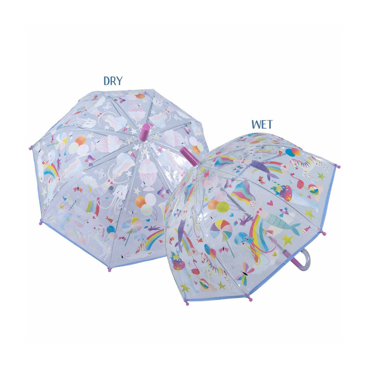 Children's umbrellas labeled 'Dry' and 'Wet' showing the different states with a colourful fantasy design