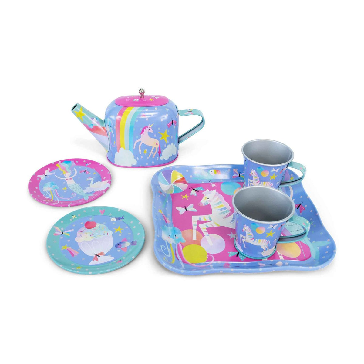 The perfect gift for lovers of all things magical. This unicorn and mermaid tea set includes a teapot, saucers, and tray in eco-friendly, recyclable packaging printed with soy inks.