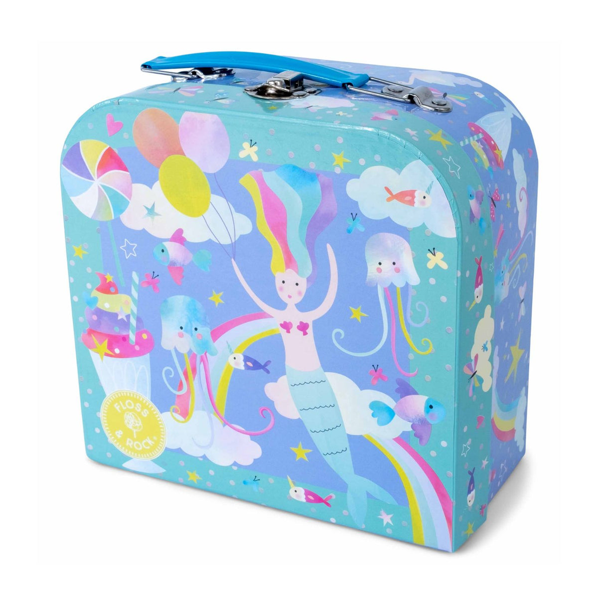 A 7-piece Fantasy kids' tea set displayed on a serving tray, featuring a teapot and two teacups with vibrant illustrations of unicorns and mermaids.