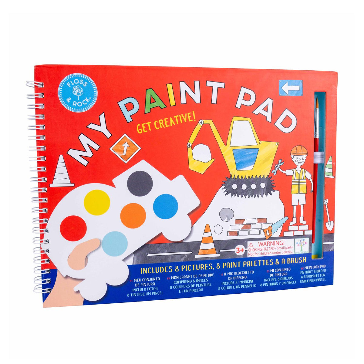 Paint trucks without the mess! This all-in-one spiral pad includes 8 construction scenes, built-in palettes, and a brush. Just add water. Ages 3+.