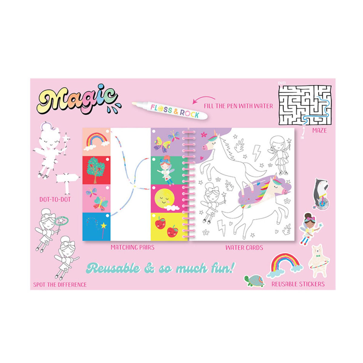 Pink activity book with various educational games and illustrations 