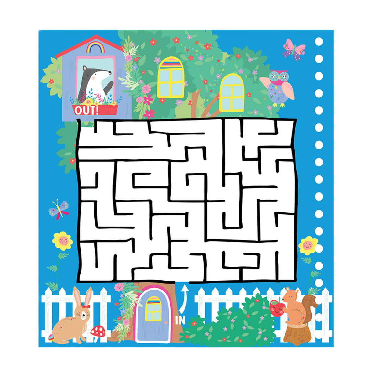 Children's maze game with cartoon animals and colorful border