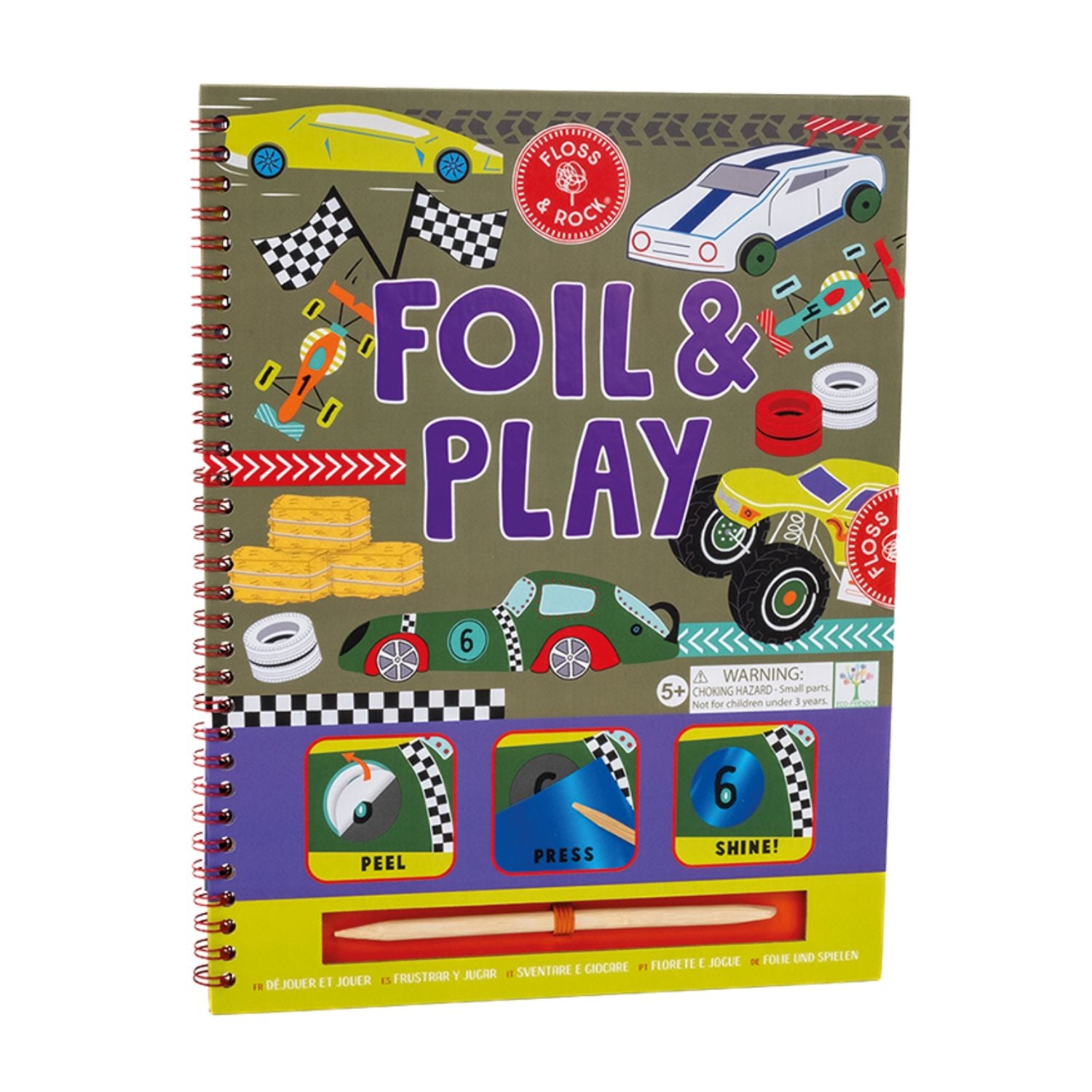 The Foil & Play Construction Activity Book showing a spiral-bound cover with a yellow digger and several vibrant, shimmering foil sheets tucked inside.