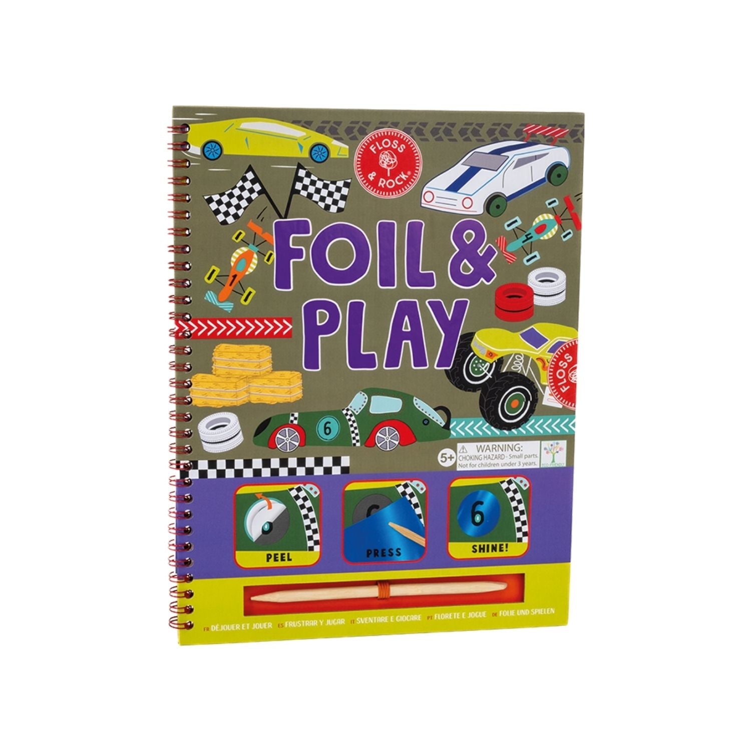 The Foil & Play Construction Activity Book showing a spiral-bound cover with a yellow digger and several vibrant, shimmering foil sheets tucked inside.