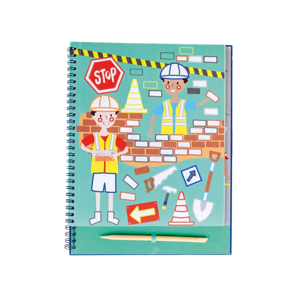 Finished Artwork Reveal: A close-up of a page featuring a construction scene with sparkling, multi-coloured foil details that catch the light.