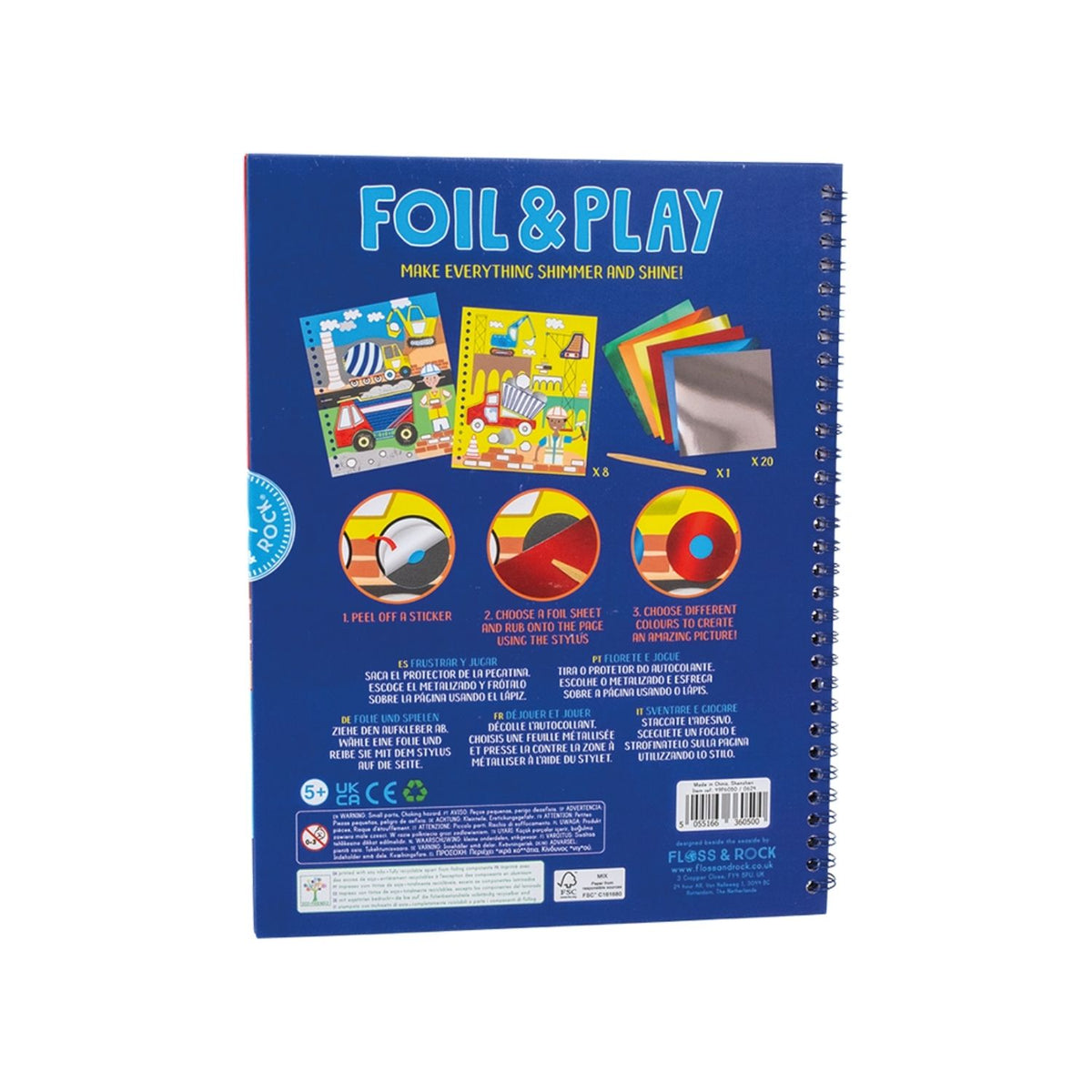 Back cover of a notebook with 'Foil & Play' branding and colorful designs on a white background.