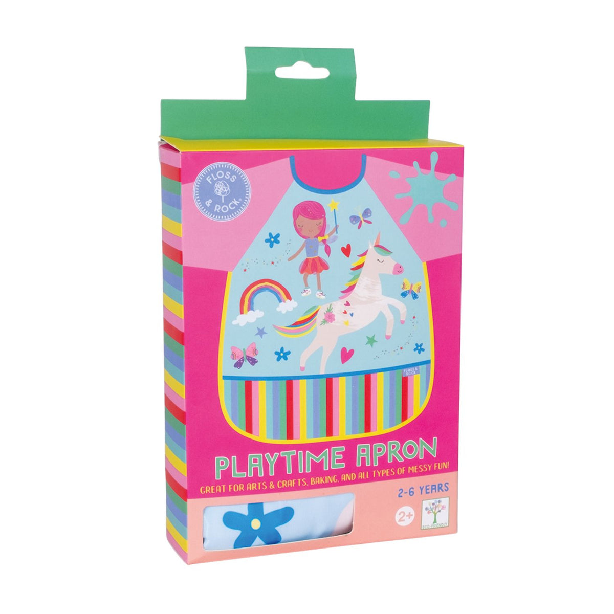 Packaged playtime apron with colorful unicorn and rainbow fairy design