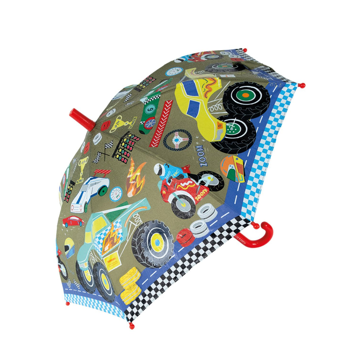 Children's umbrella with race car design