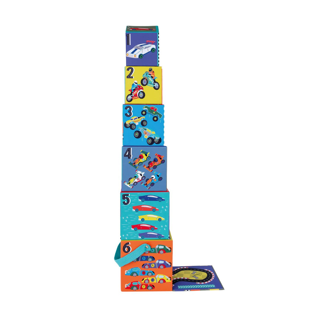 Stack of colorful children's stacking blocks with car illustrations 