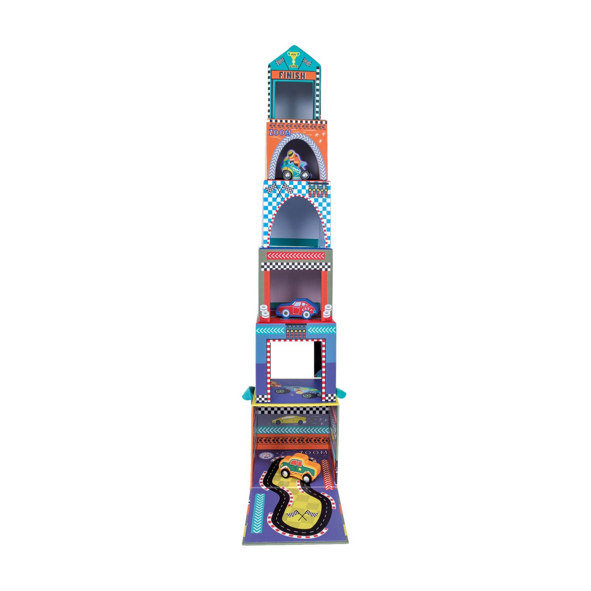 Colorful toy stacking blocks with various cars themed patterns and shapes 
